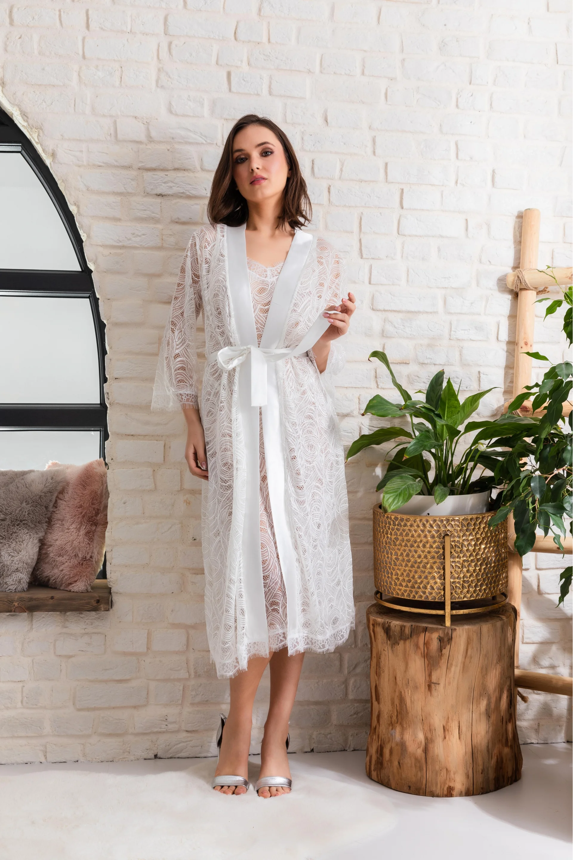 Gallipoli GELİN SET TRANSPARAN MİDİ BOY KUŞAKLI SABAHLIK EKRU (MGP12176) Sabahlık Toptan