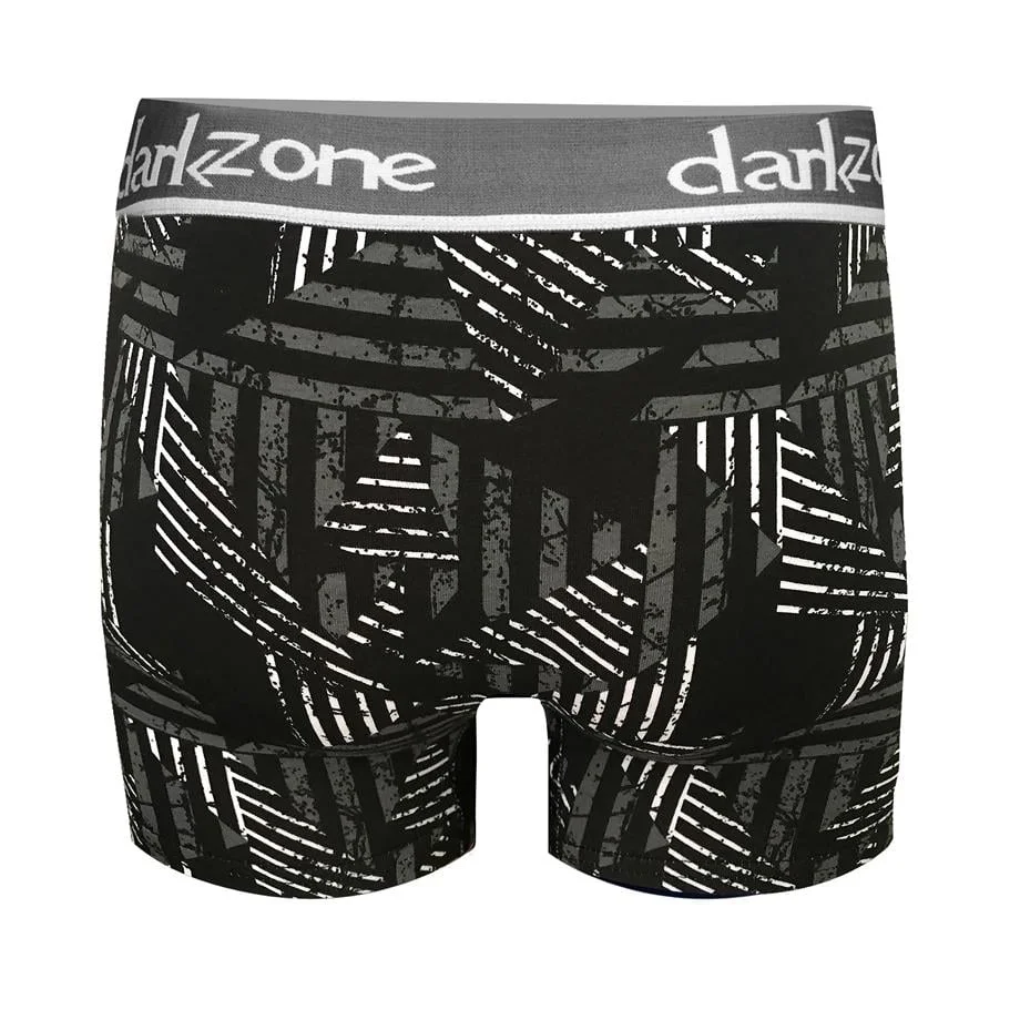 Geometrik desenli siyah erkek boxer, Darkzone markası, modern kareli ve çizgili motif, ön görünüm, beyaz arka plan
