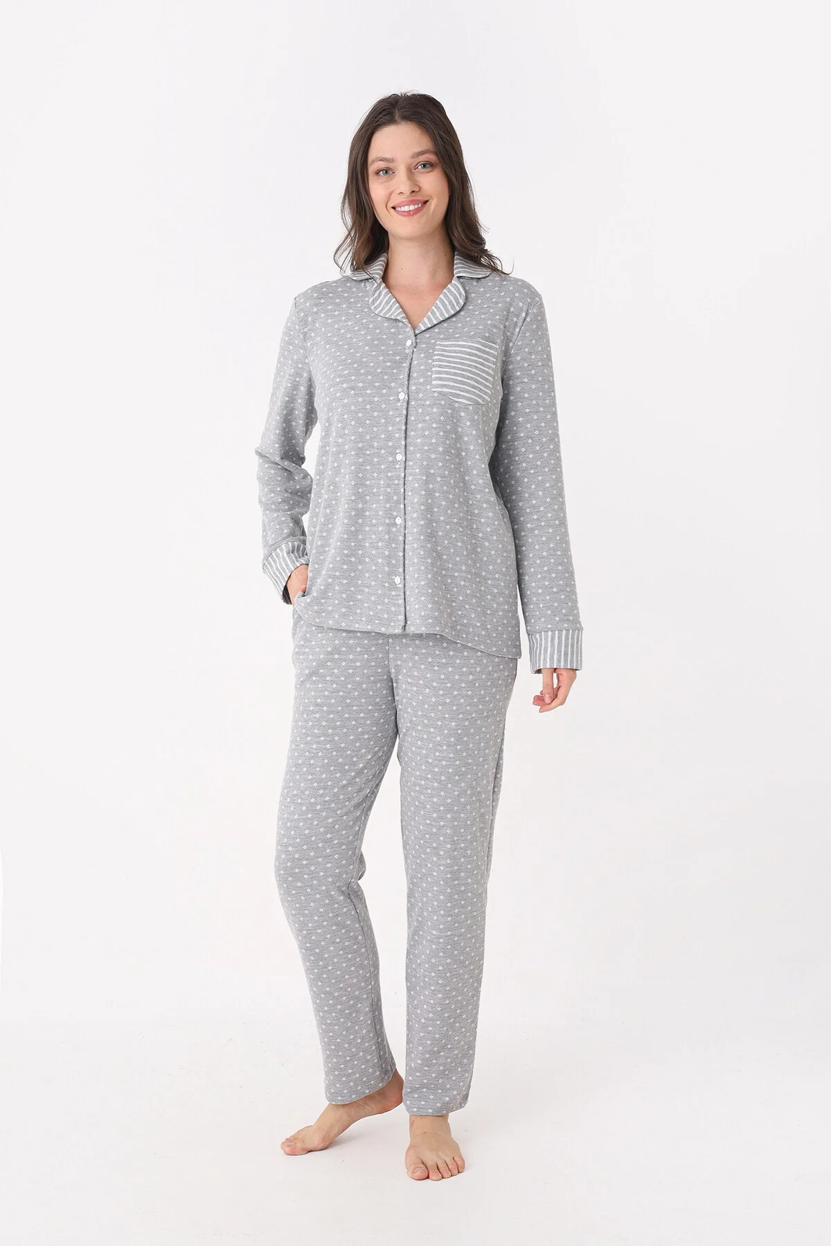 Nbb Gri Önden Düğmeli Pijama Takım Pijama Takımları Toptan