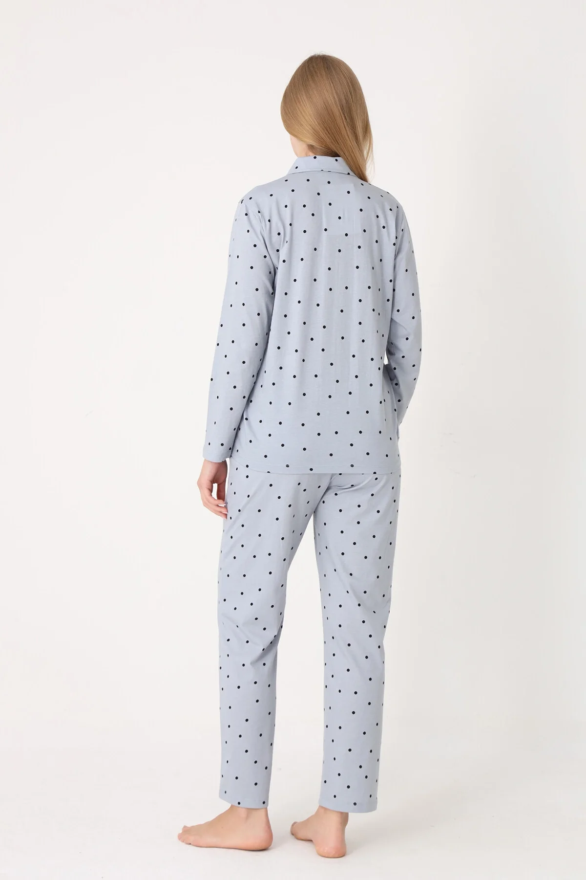 Gri polka dot önden düğmeli pijama takım, Nbb marka kadın pijama seti, uzun kollu ve pantolonlu pijama