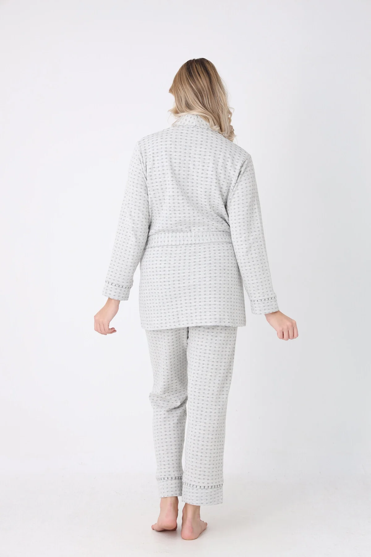 Gri kare desenli sabahlık pijama takım, Nbb marka kadın pijama, bel çevresiyle bağlanabilir, rahat günlük giyim
