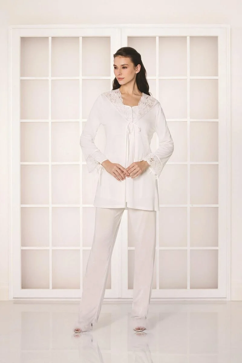 Pierre Cardin Güpürlü Penye 3'lü Lohusa Pijama Takımı - 3050 Ekru Pijama Takımları Toptan