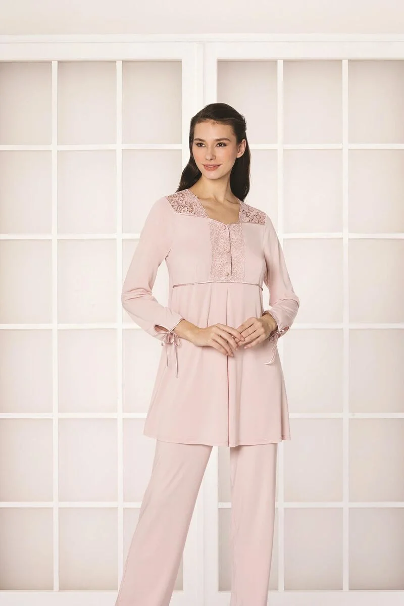 Pierre Cardin Güpürlü Penye 3'lü Lohusa Pijama Takımı 3050 Pudra, pastel pembe renk, dantel detaylı, kadın pijama seti