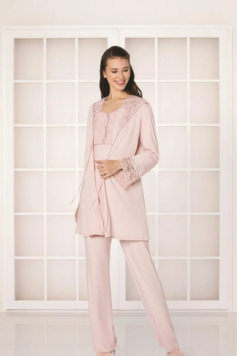 Pierre Cardin Güpürlü Penye 3'lü Lohusa Pijama Takımı - 3050 Pudra Pijama Takımları Toptan