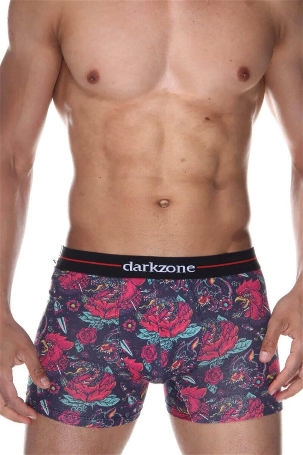 Horoz desenli erkek boxer, Darkzone markası, koyu mavi zemin, kırmızı çiçekler ve tatuaj tarzı detaylar, dijital boxer modeli DZN2070