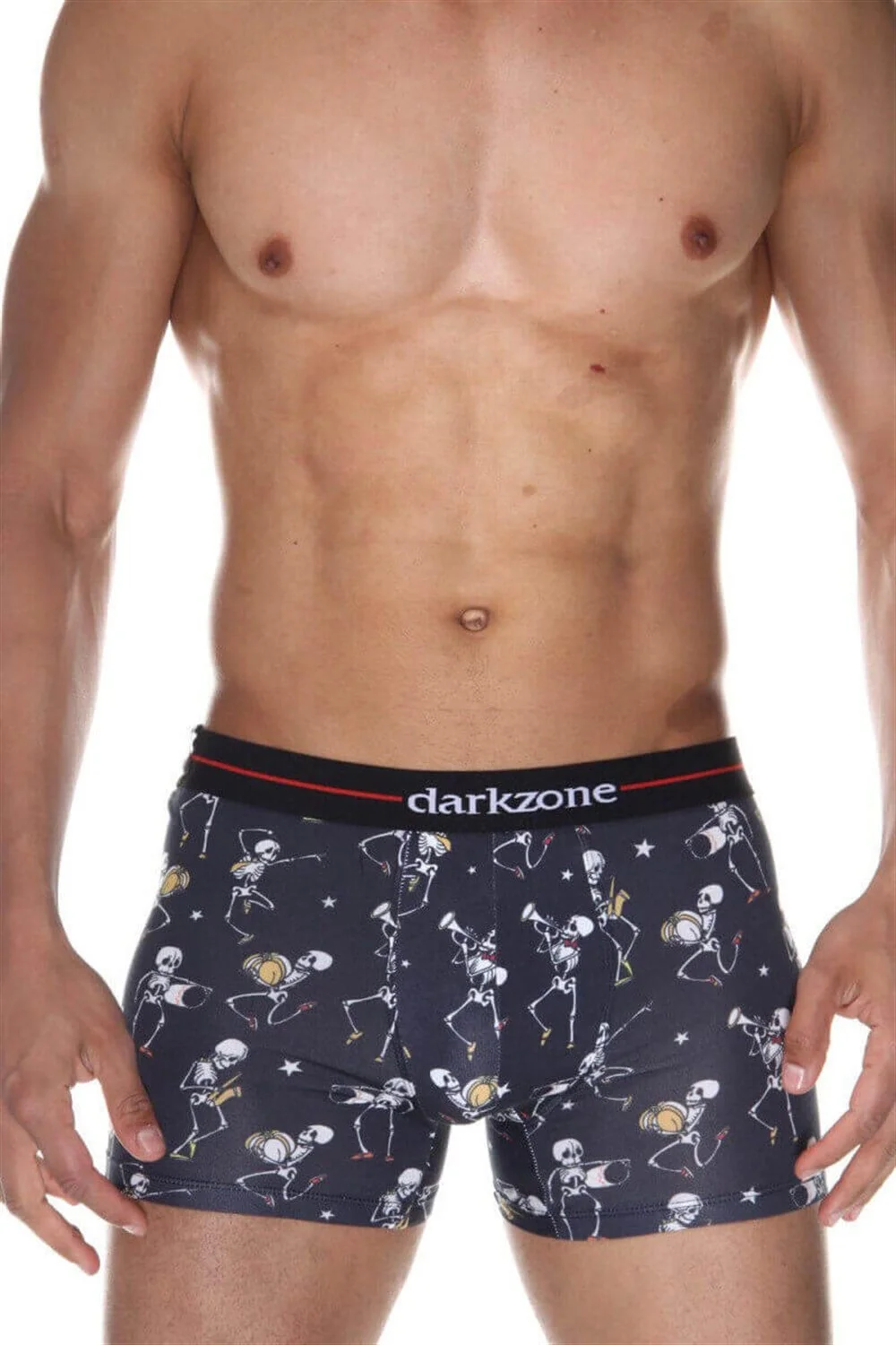 Koyu siyah iskelet desenli dijital baskılı Darkzone boxers, kırmızı elastik, erkek iç giyim, eğlenceli Halloween temalı