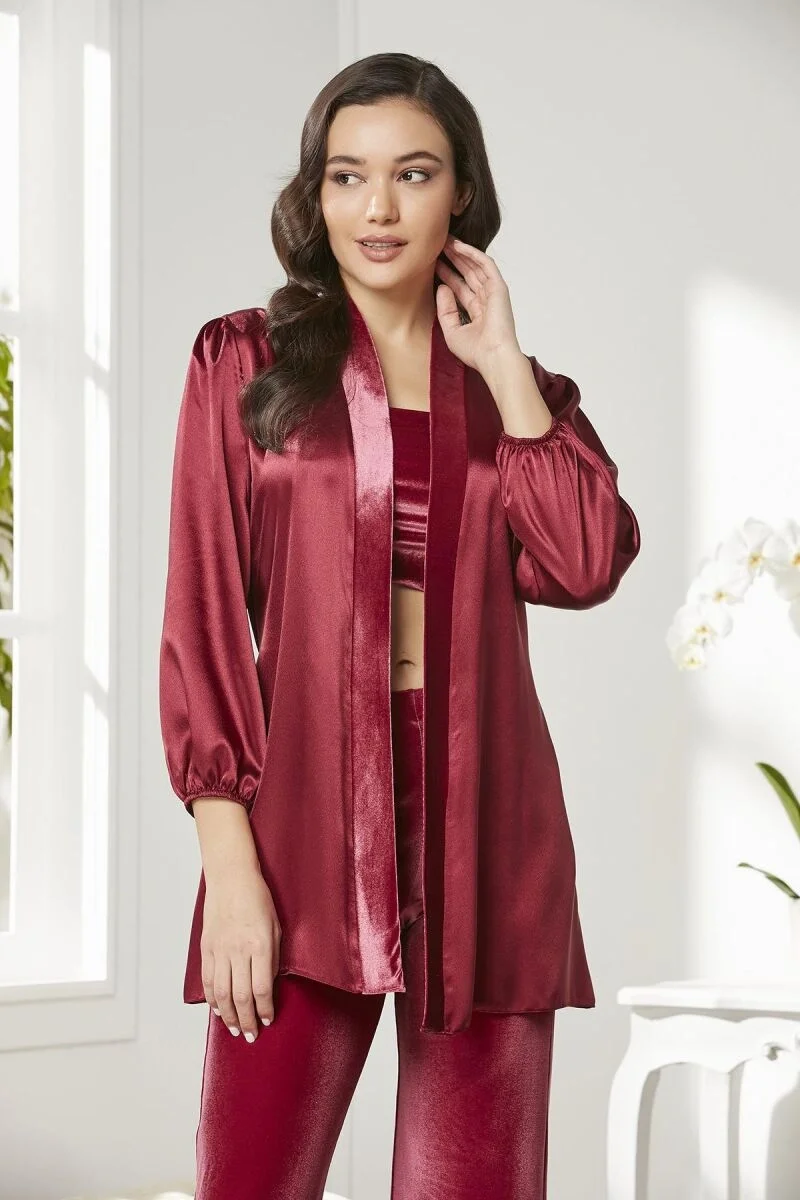 Kadife saten 3'lü pijama takımında bordo renkli ceket ve pantolon, Pierre Cardin markası, kadın iç giyim