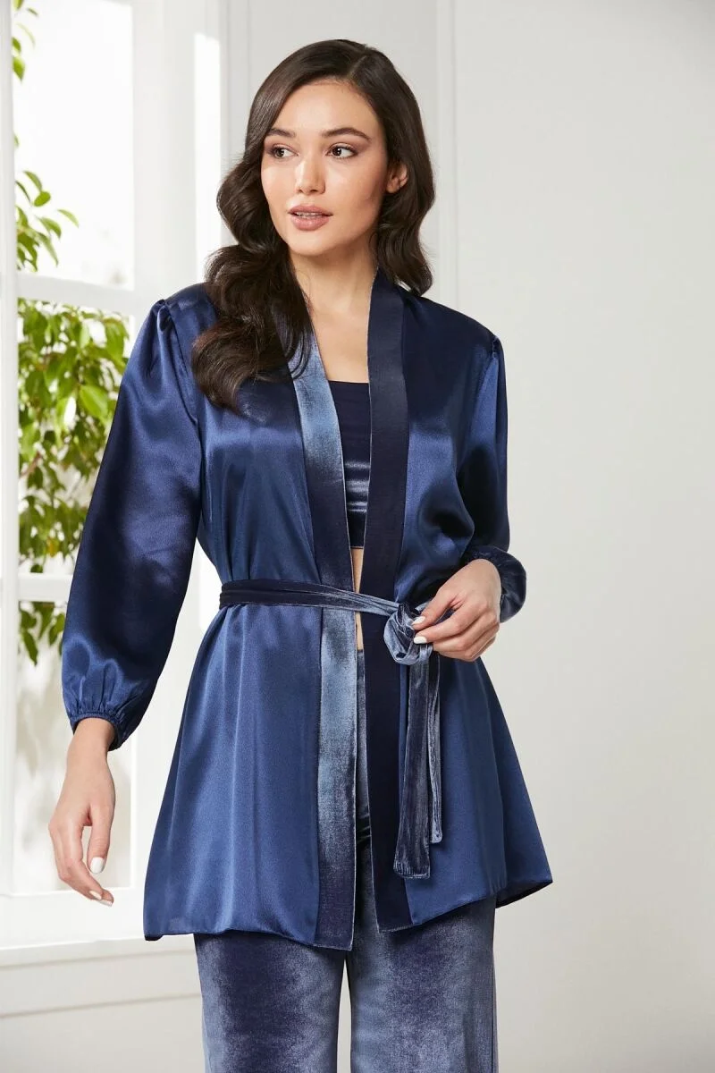 Pierre Cardin Kadife Saten 3'lü Kadın Pijama Takımı - 2050 Lacivert Pijama Takımları Toptan