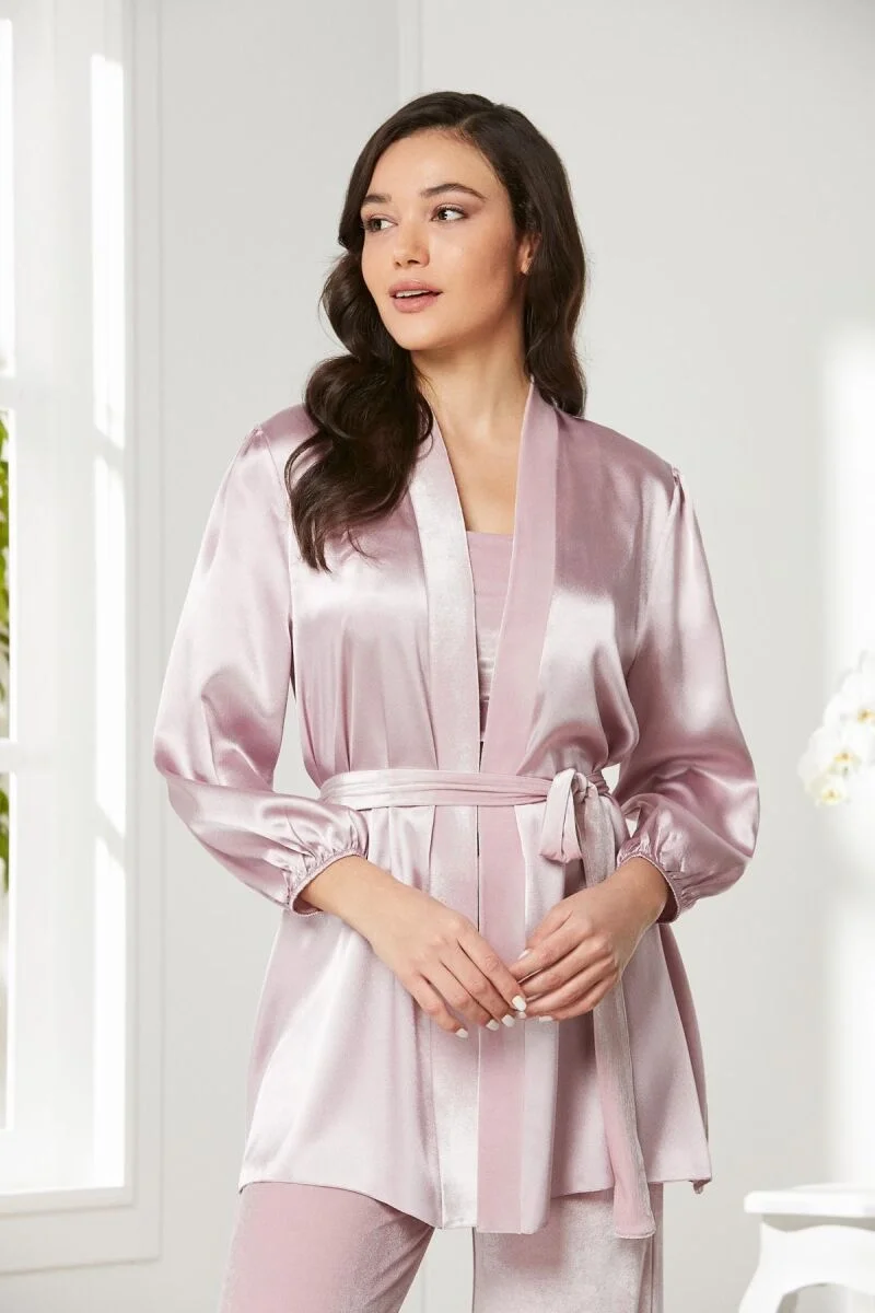 Pierre Cardin Kadife Saten 3'lü Kadın Pijama Takımı - 2050 Rose Pijama Takımları Toptan