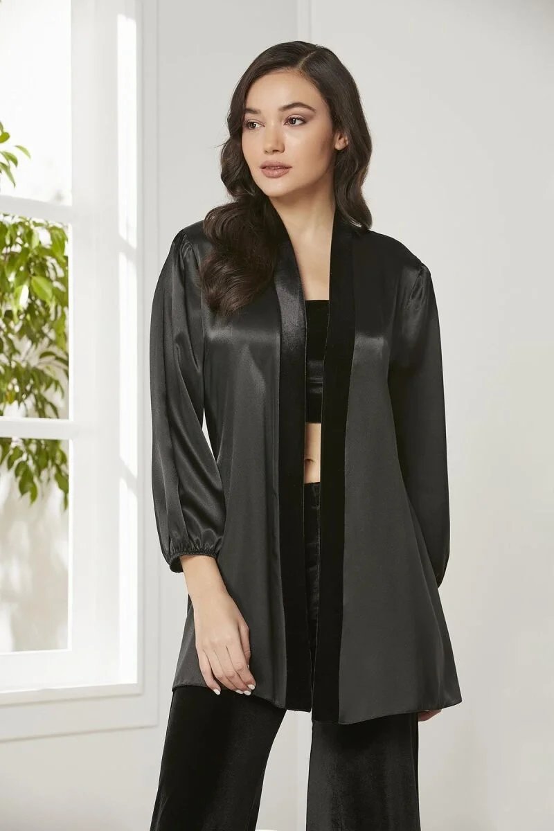 Pierre Cardin Kadife Saten 3'lü Kadın Pijama Takımı - 2050 Siyah Pijama Takımları Toptan