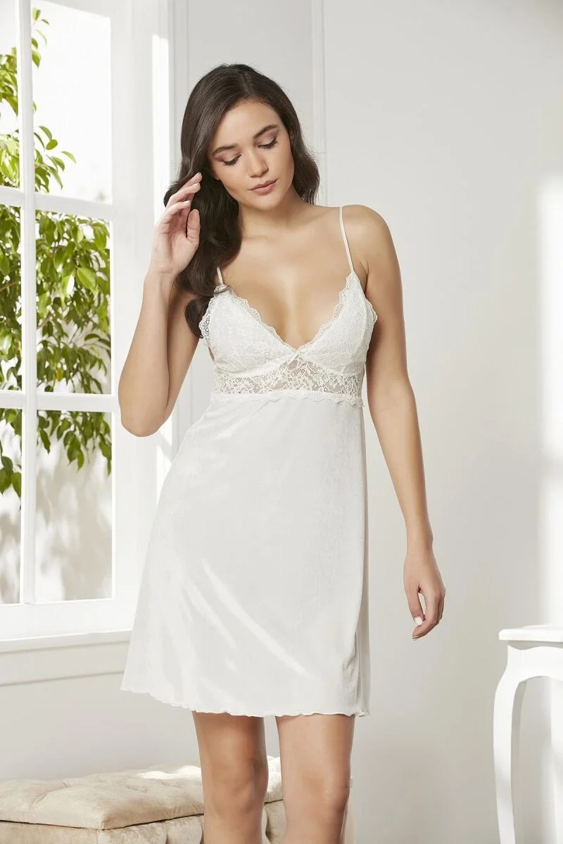 Pierre Cardin Kadife Saten Kadın Gecelik - 845 Ekru Gecelik Toptan