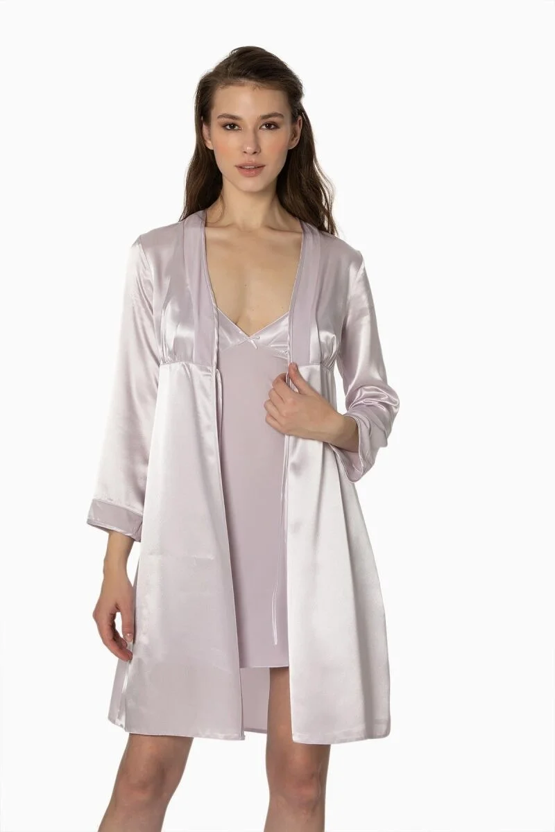 Pierre Cardin Kadife Saten Kadın Gecelik ve Sabahlık Takımı - 4040 Viola Gecelik Sabahlık Takım Toptan