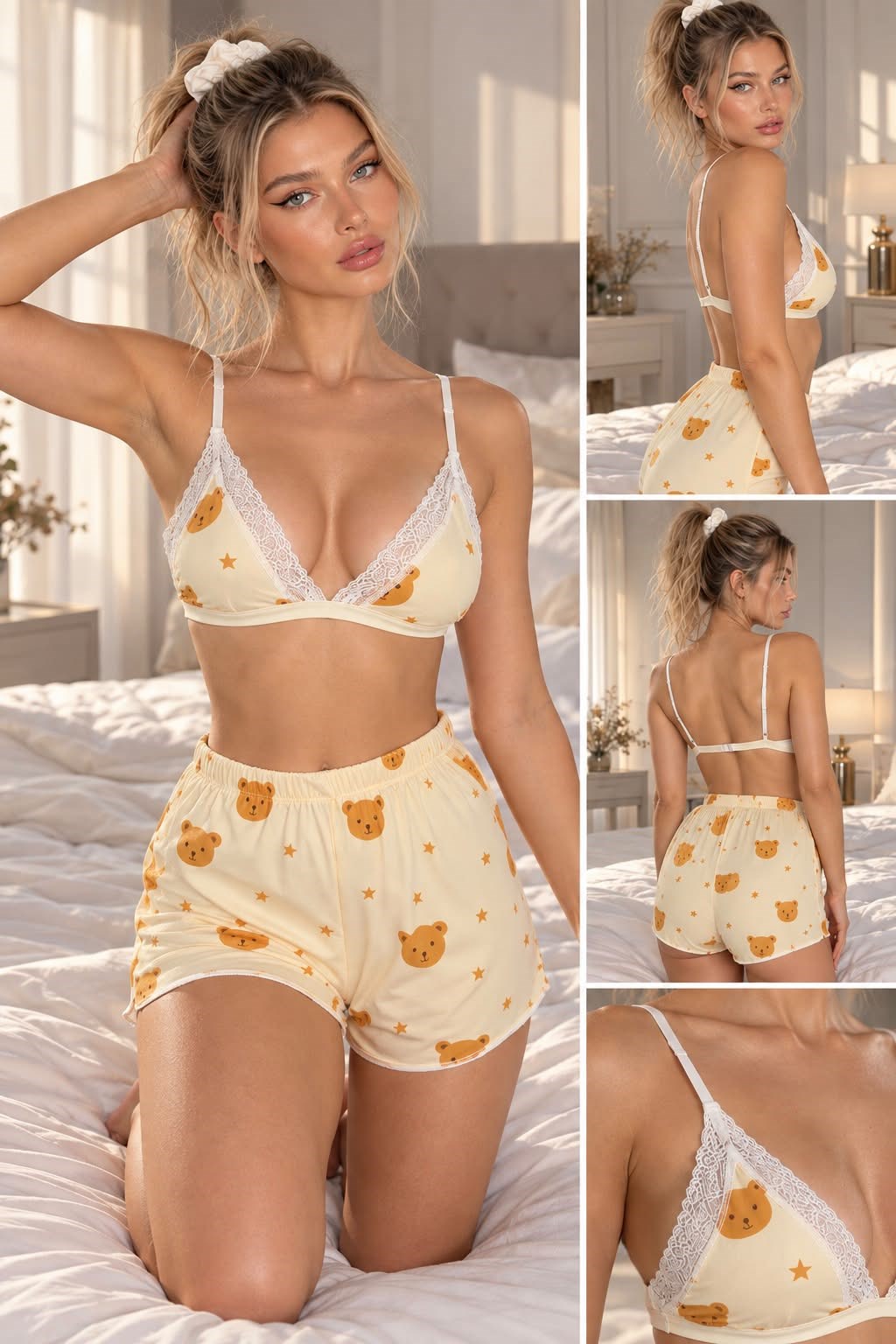 Kadın Sarı Ayıcık Baskılı Dantel Detaylı Bralet ve Şortlu Pijama Takımı