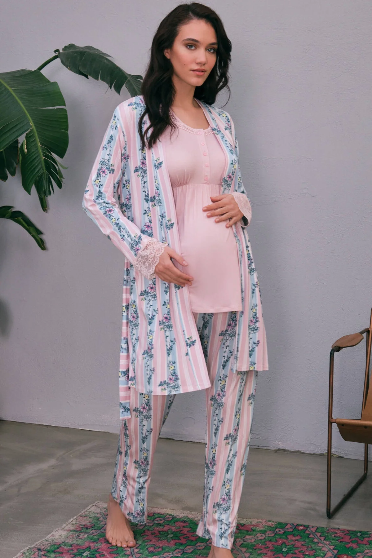 Anıl Kadın Viskon Hamile Lohusa Dantelli Sabahlık Önden Açılan Emzirme T-Shirt ve Pantolon Pijama 3'lü Takım (5651) Gecelik & Sabahlık Toptan