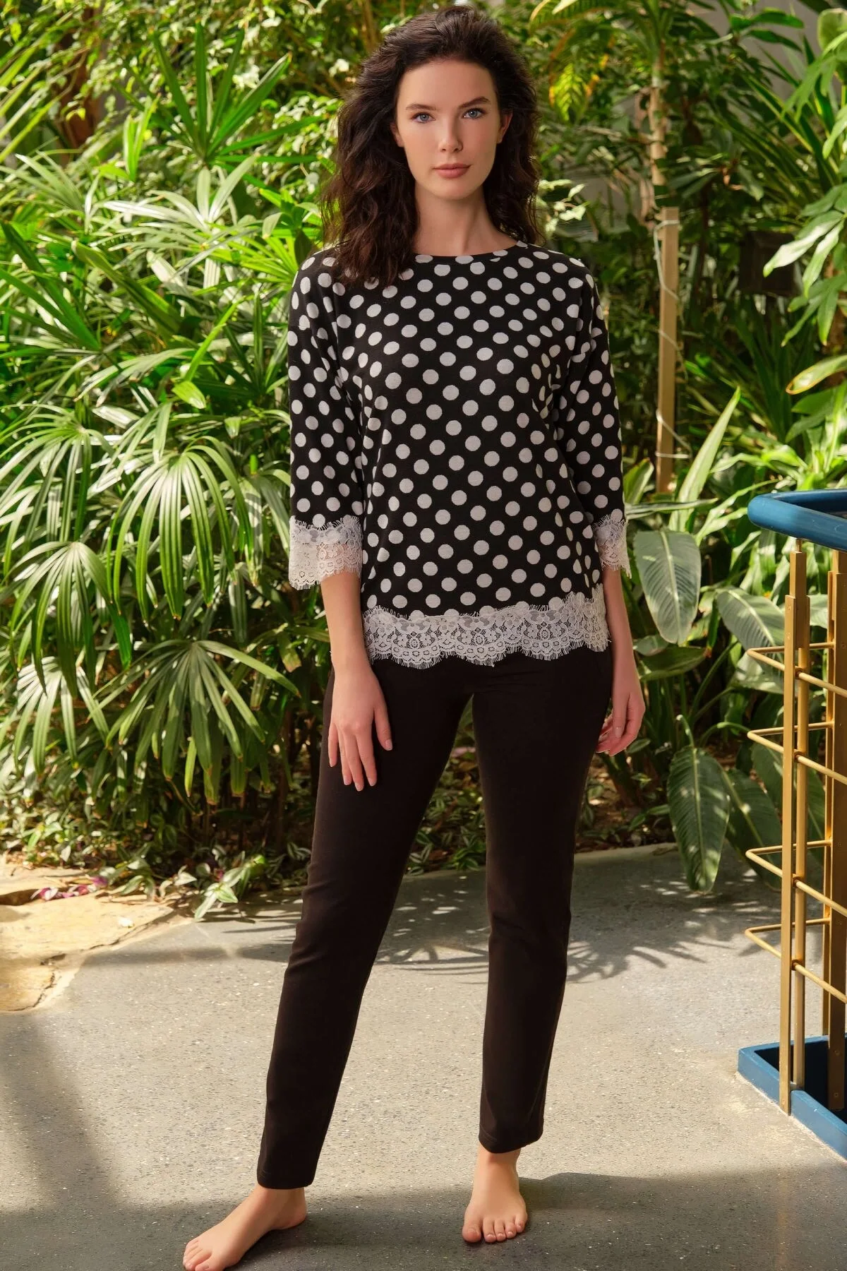 Anıl Kadın Viskon Puantiyeli Uzun Kol Dantelli Sweatshirt ve Pantolon Pijama Takım (9760) Pijama Takımları Toptan