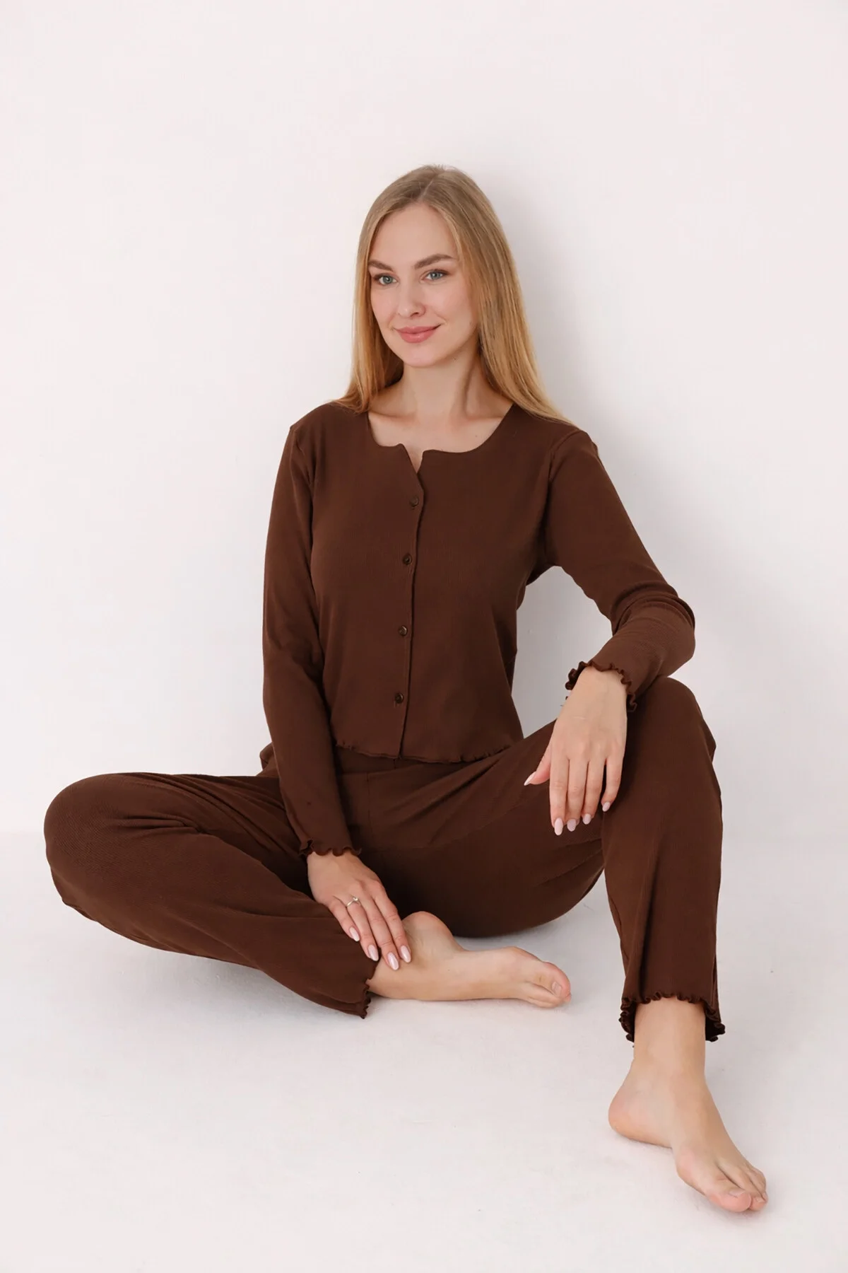 Nbb Kahverengi Önden Düğmeli Pijama Takımı Pijama Takımları Toptan