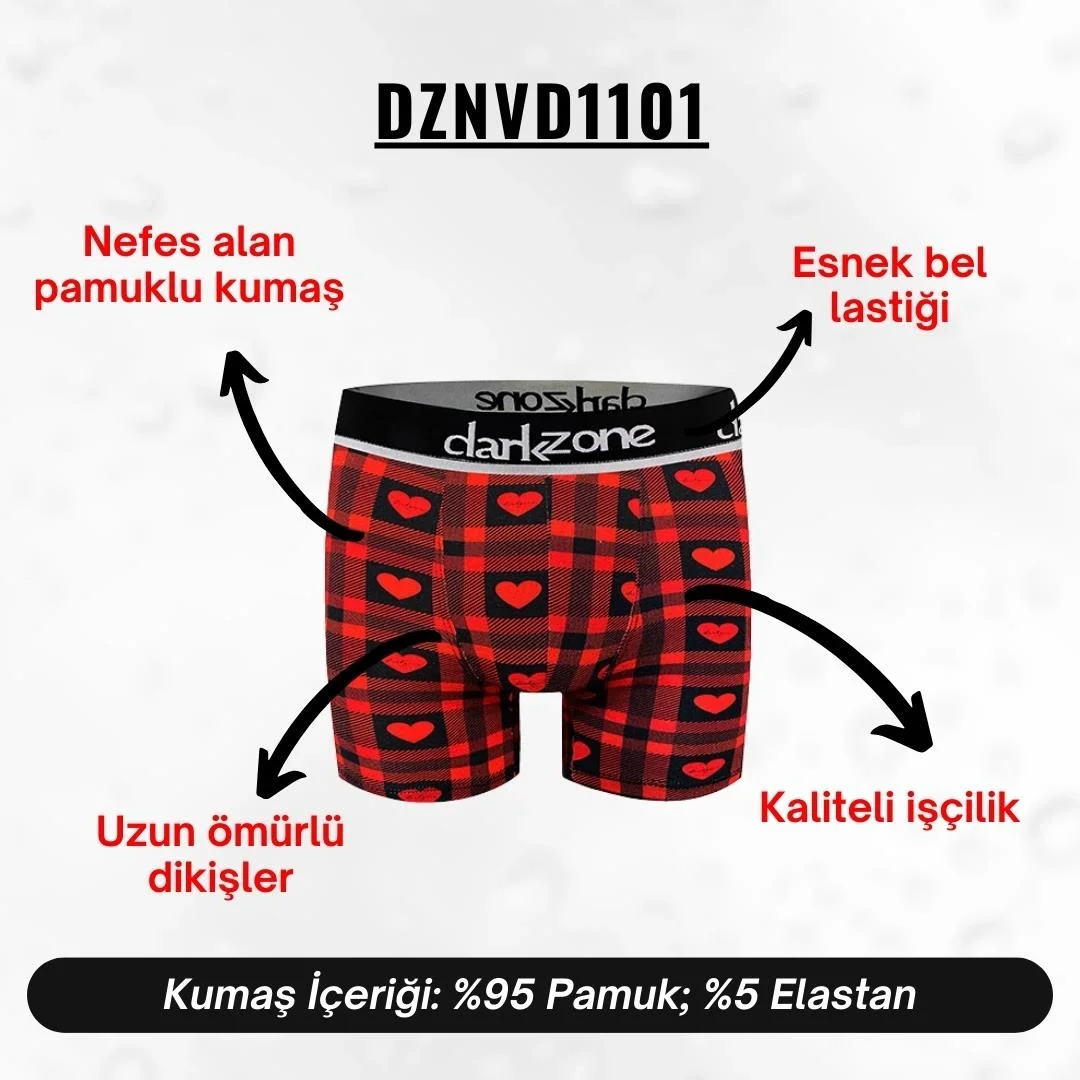 Kırmızı-koyu siyah kalp desenli Darkzone erkek boxer, Sevgililer Günü temalı, ön ve yan görünümü