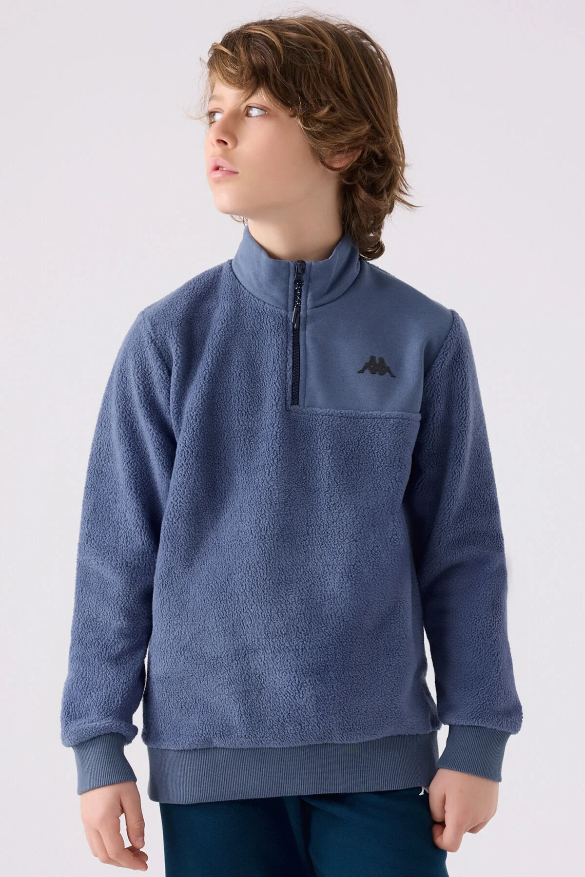 Kappa Erkek Çocuk Lacivert Sweatshirt, yarı zip, kürk dokusu, marka logosu, çocuk giyim, kışlık sıcaklık