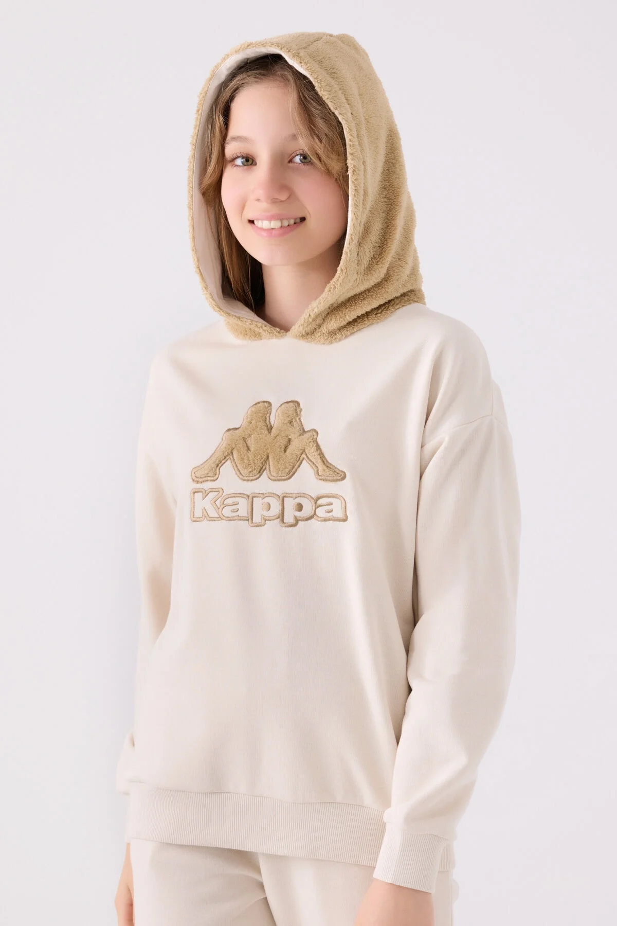 Kappa Kız Çocuk Krem Renkli Krem Sweatshirt, Kumaşlı Kapüşonlu, Arnetta Markası, Kız Çocuk Giyim