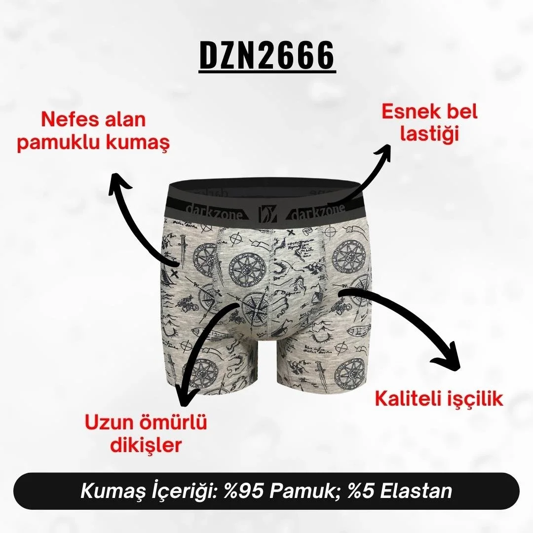 Keşif desenli gri erkek boxer, Darkzone markası, kıyafet üzerinde kompas, kılıç ve deniz haritası motifleri, ön ve yan görünüm