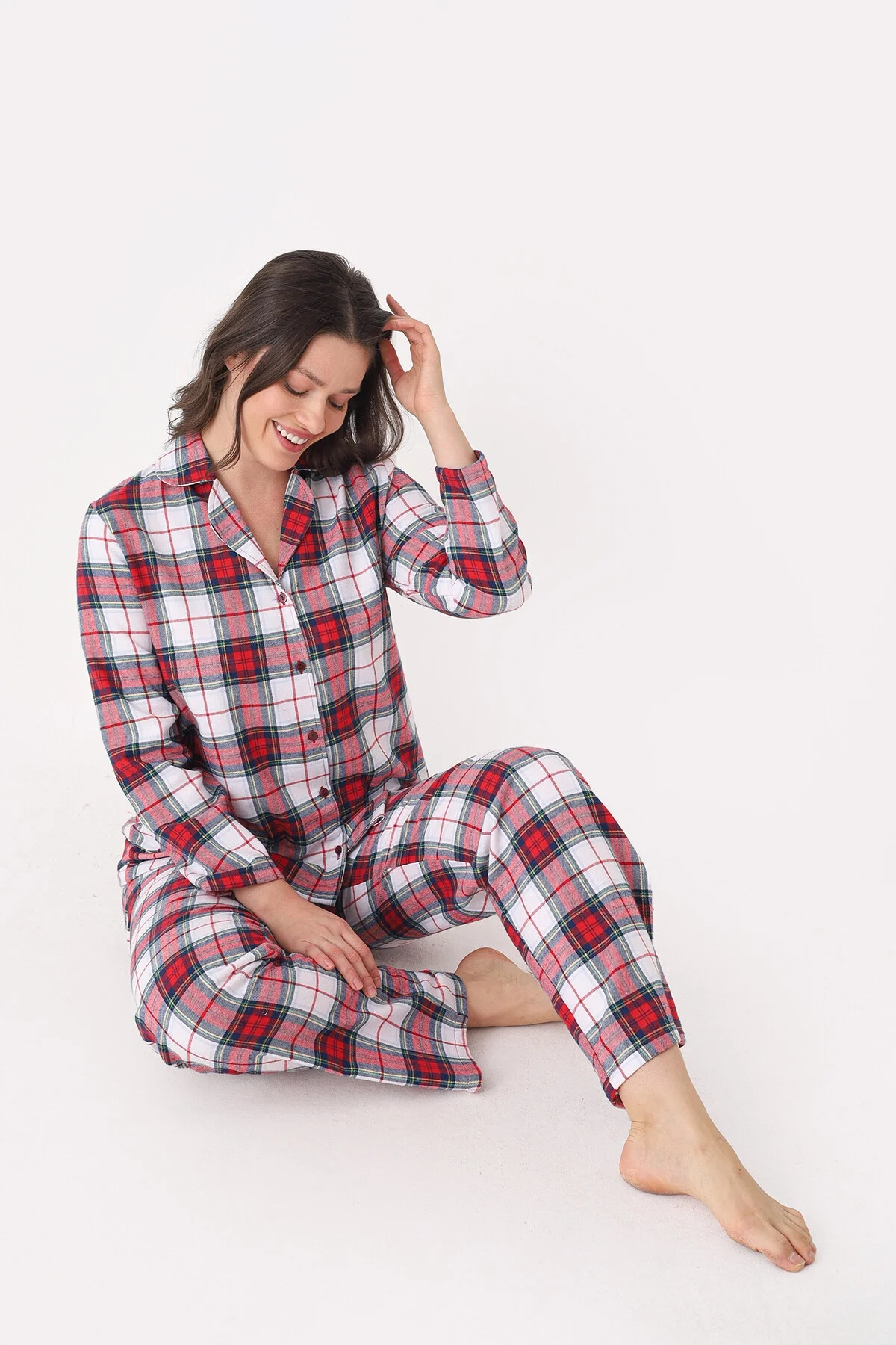 Nbb Kırmızı Önden Düğmeli Ekose Pijama Takımı Pijama Takımları Toptan