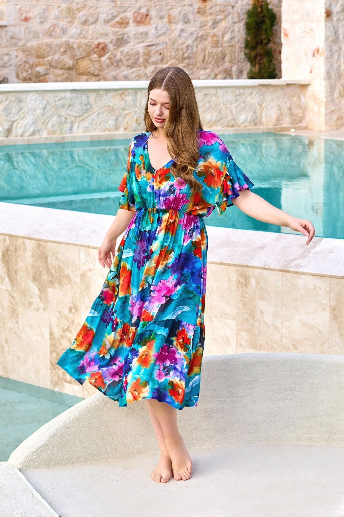 Cossy By Aqua Kısa Kol Bel Büzgülü Midi Elbise CossybyAqua 25683 Gecelik & Sabahlık Toptan