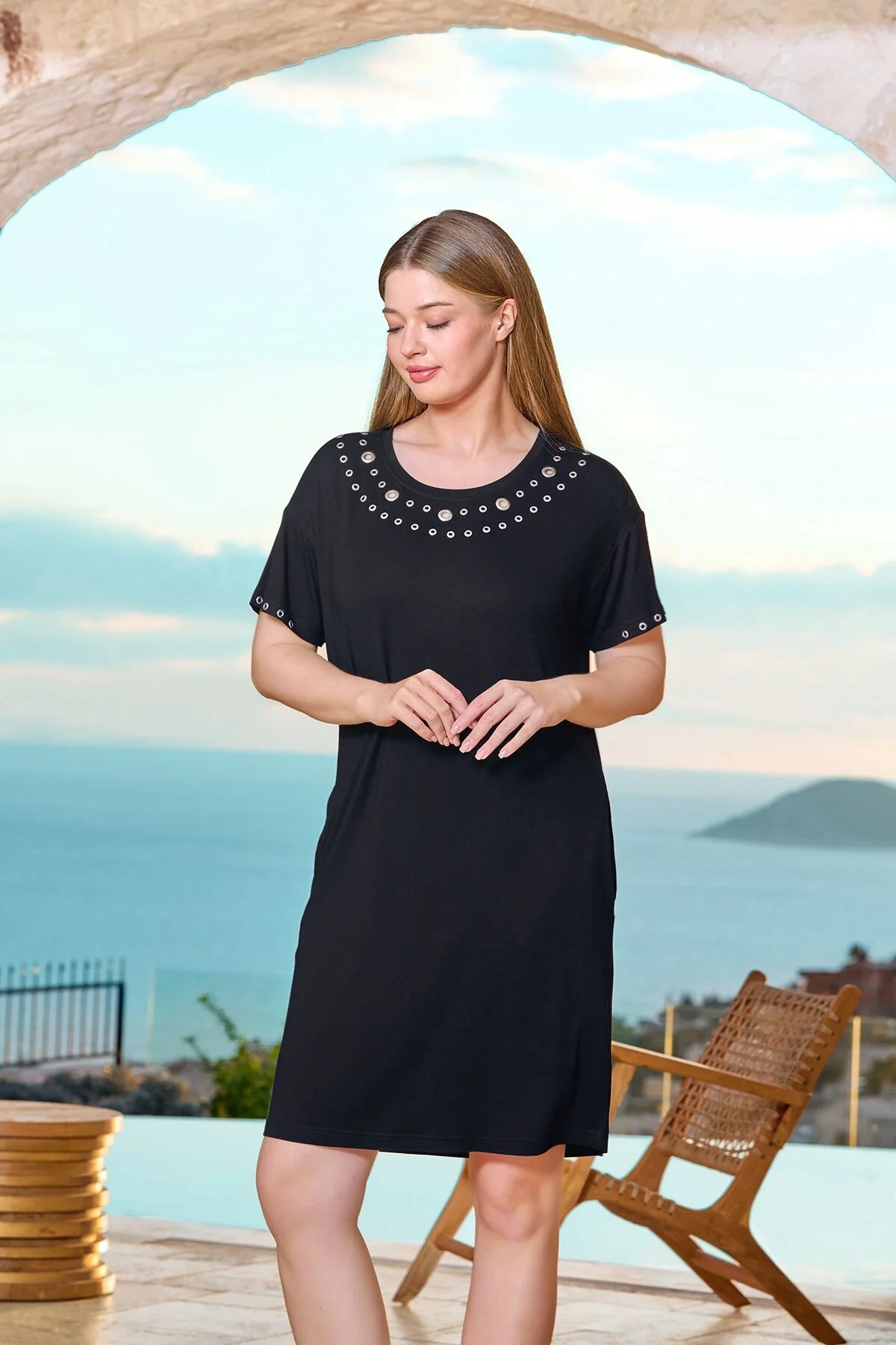 Cossy By Aqua Kısa Kol Kuşgözü Detay Elbise Cossy By Aqua 25803 Gecelik & Sabahlık Toptan