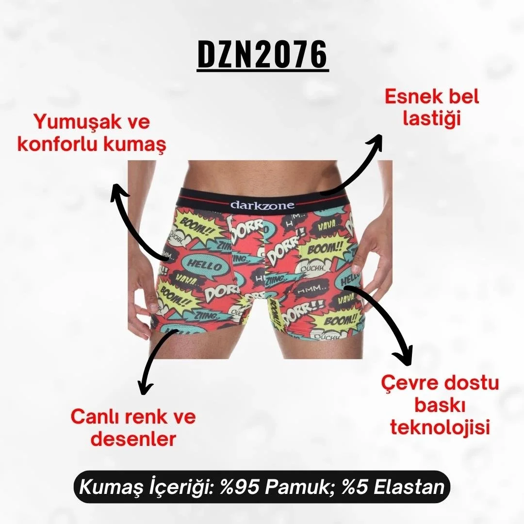 Kırmızı ve neon renkli komik desenli Darkzone Boxer, DZN2076 modeli, dijital baskı, komik balonlar ve ses efektleri