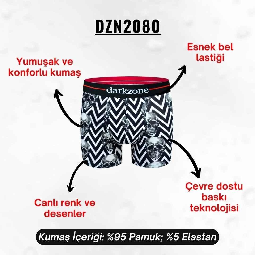 Kurukafa desenli siyah-beyaz kafatası motifli Darkzone Boxer, dijital baskı, DZN2080 modeli, erkek iç giyim