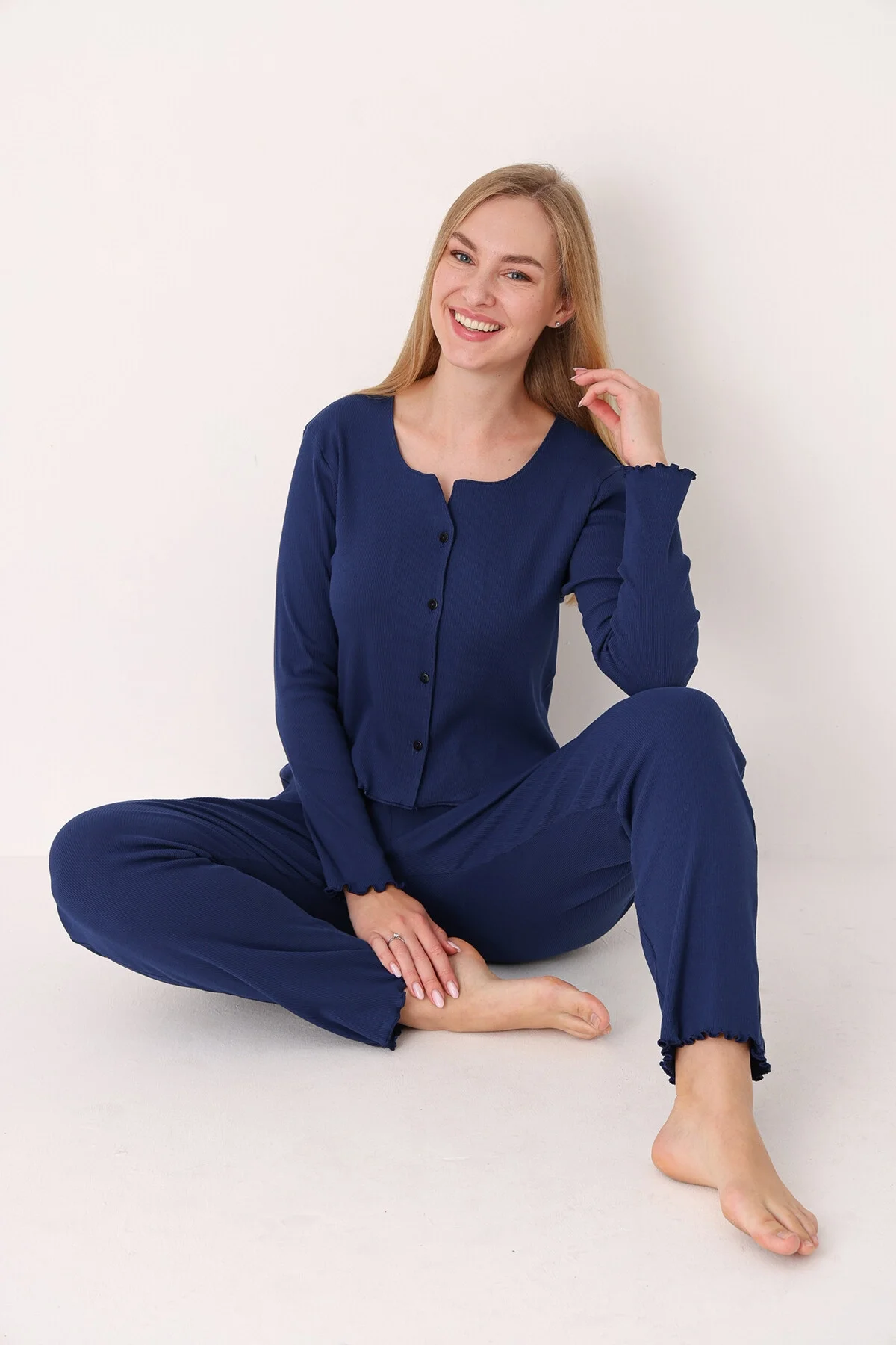 Nbb Lacivert Önden Düğmeli Pijama Takımı Pijama Takımları Toptan