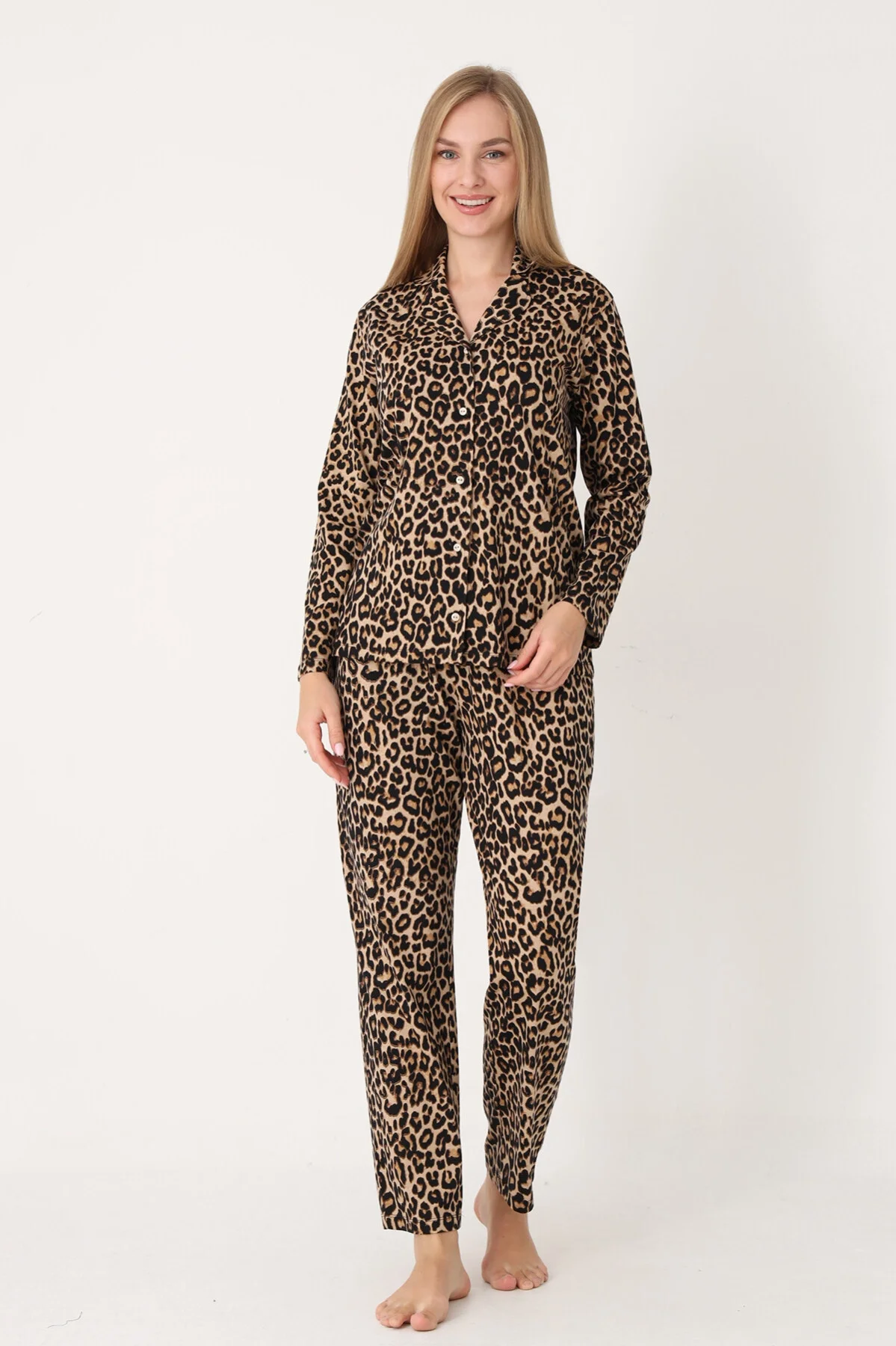 Nbb Leopar Desen Wild Önden Düğmeli Pijama Takım Pijama Takımları Toptan