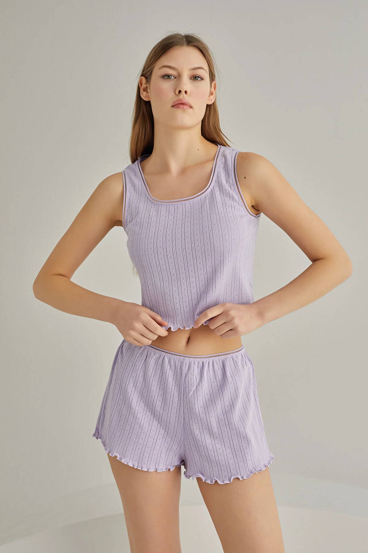 Lila self patterned crop şort takım, Nbb marka pijama seti, örgü desenli, fransız kenarlı, kadın iç giyim