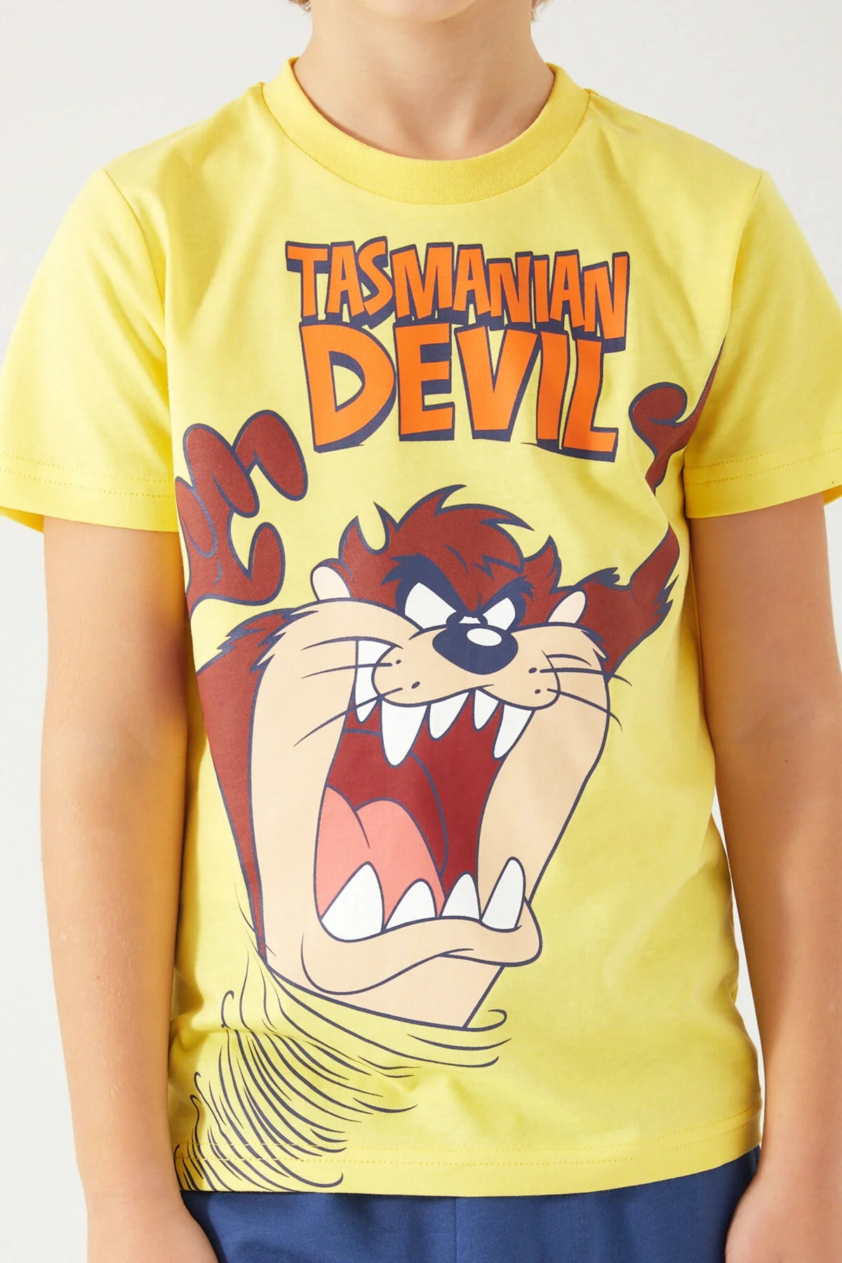 Sarı Looney Tunes Tasmanian Devil desenli erkek çocuk Bermuda takım, Arnetta markası, çocuk giyim, eğlenceli kıyafet