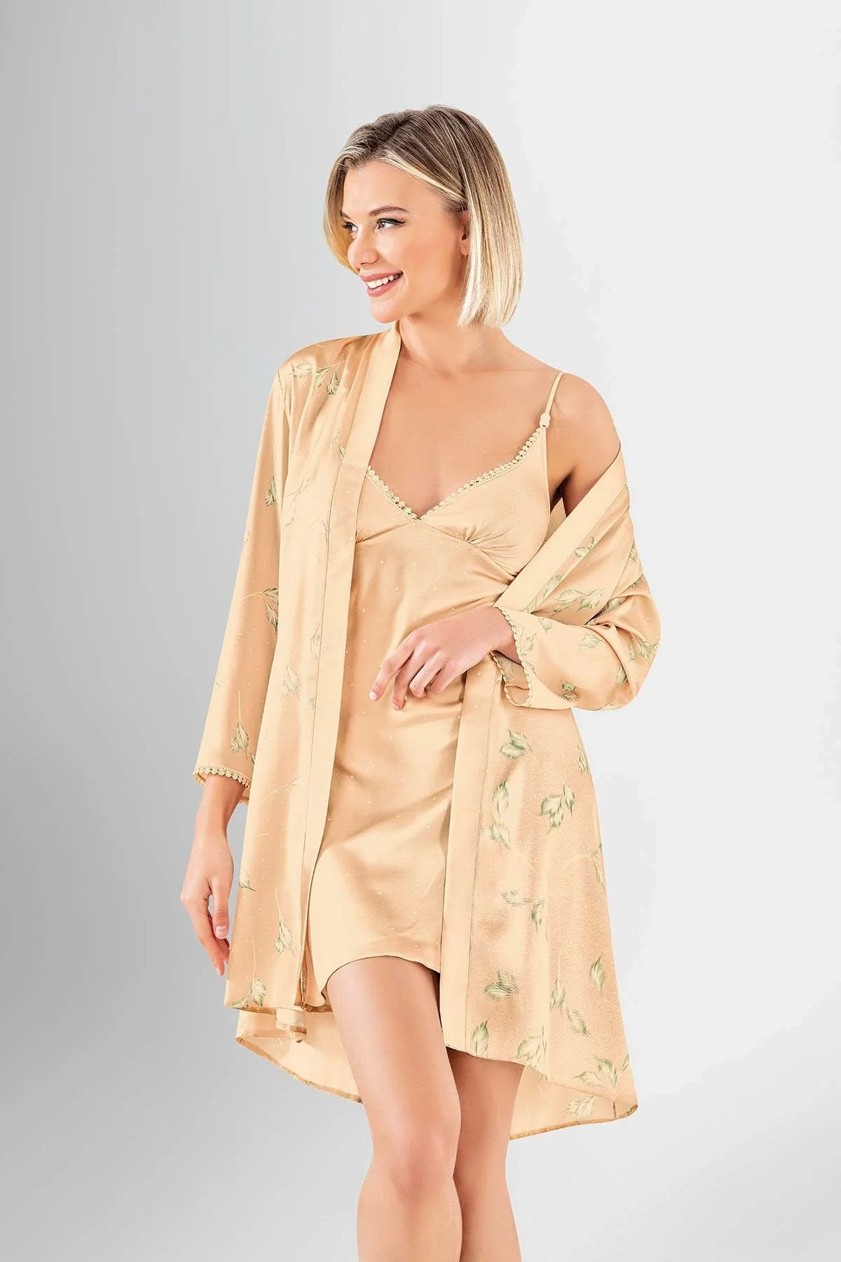 Ahu Loriva 2 li Kısa Sabahlık Takımı Desenli 1914 Sabahlık Toptan