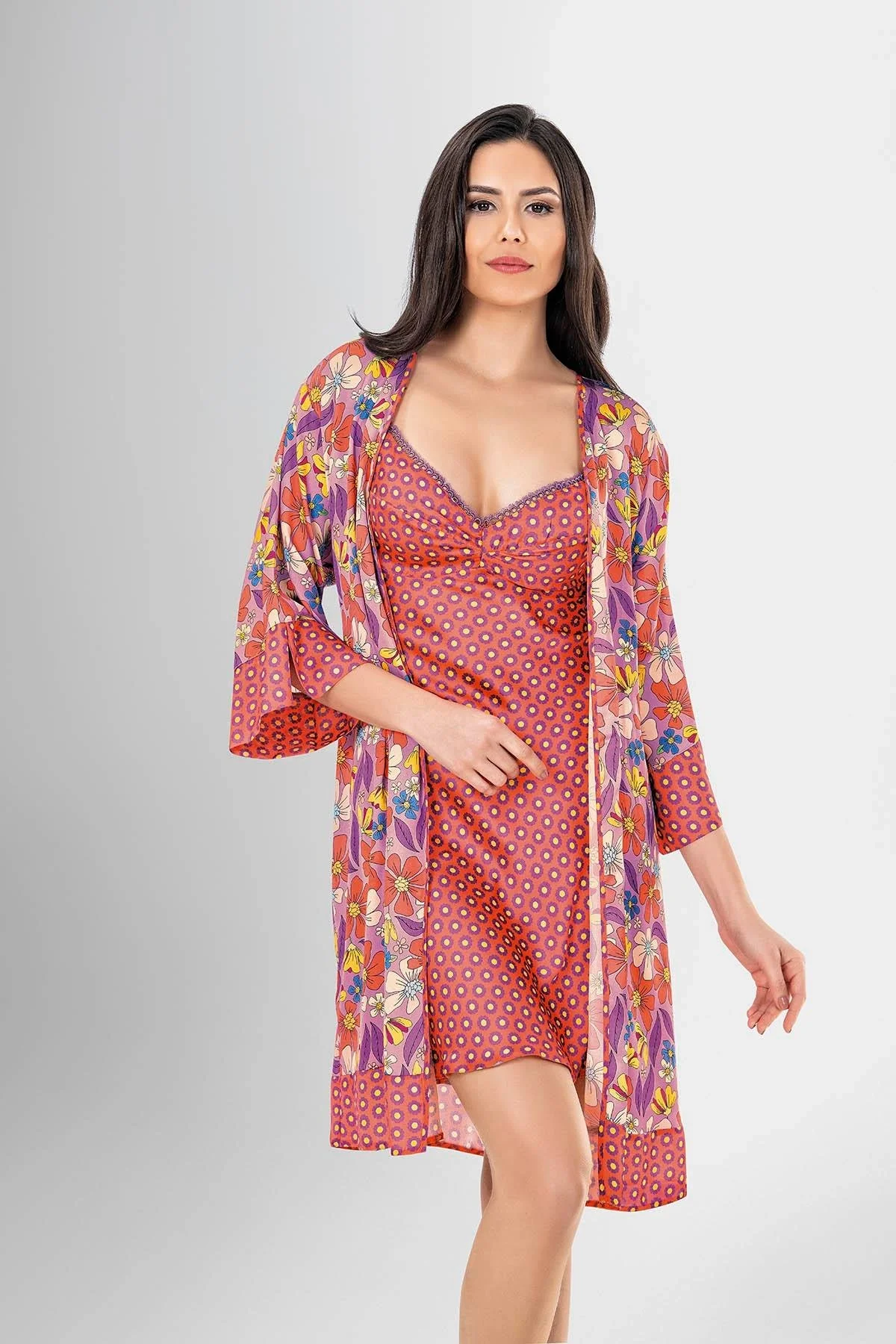 Ahu Loriva 2 li Kısa Sabahlık Takımı Desenli 1928 Sabahlık Toptan