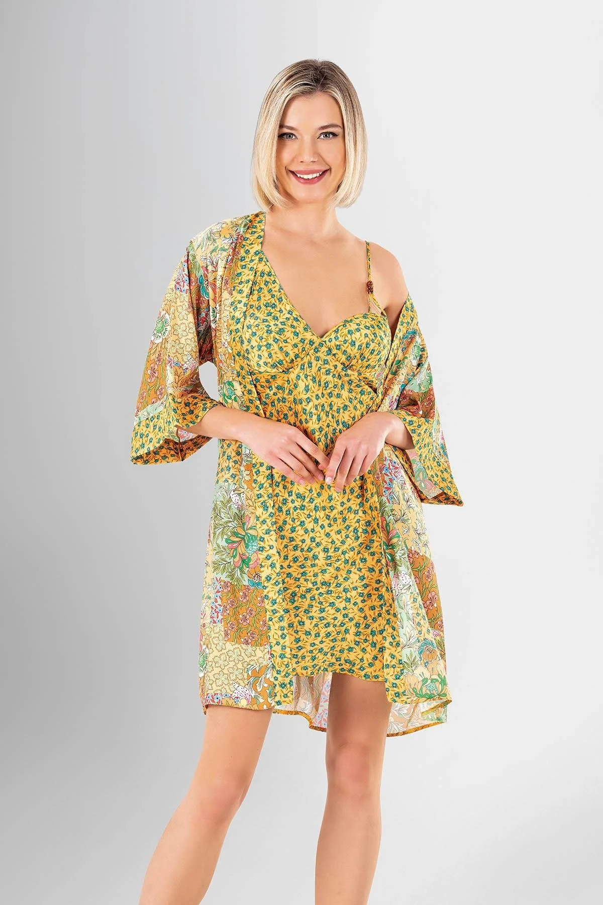 Ahu Loriva 2 li Kısa Sabahlık Takımı Desenli 1943 Sabahlık Toptan