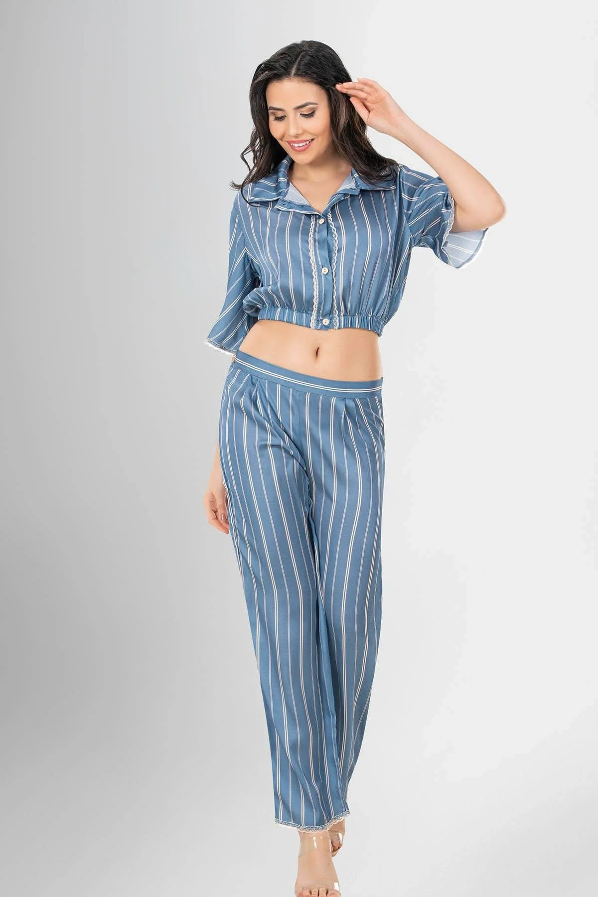 Mavi çizgili desenli 2'lü pijama takım seti, Ahu markası, kadın pijama takımı, dantel detaylı, rahat giyim, yatak odası iç giyim