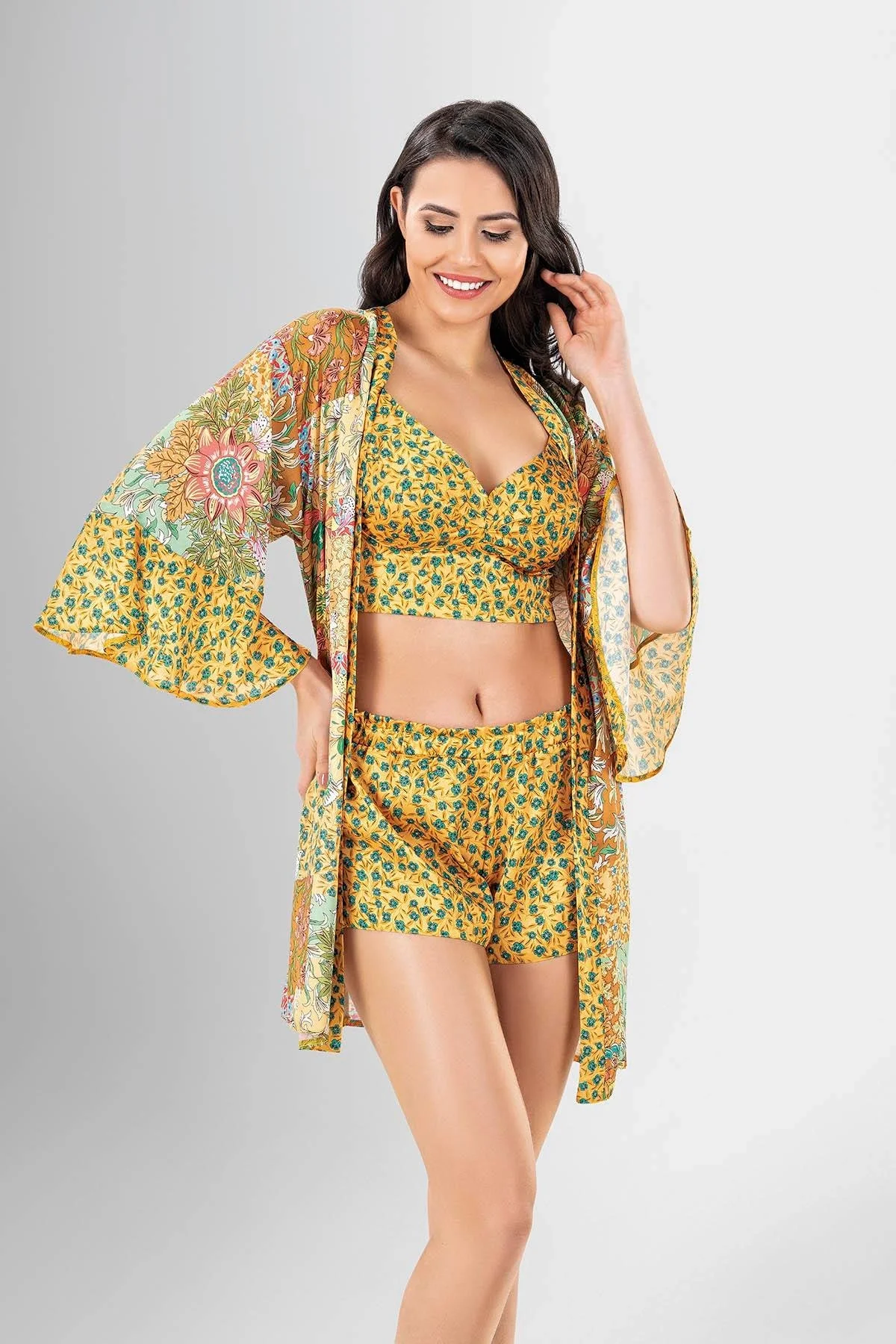 Ahu Loriva 3'lü Şort Takımı Desenli 1944 Pijama Takımları Toptan