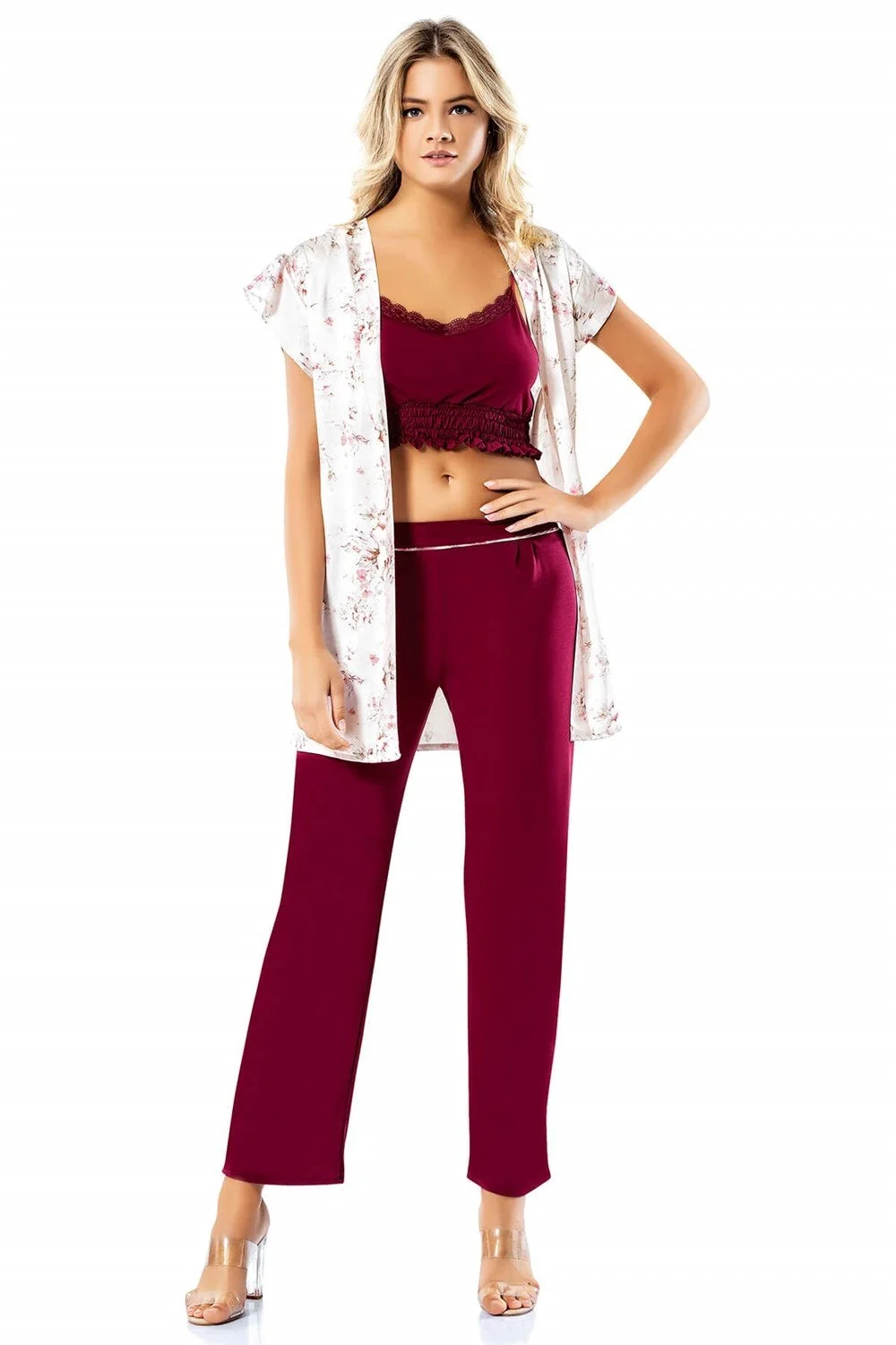 Ahu Loriva Büstiyerli Bordo Üçlü Penye Saten Pijama Takımı Şort Takım Toptan