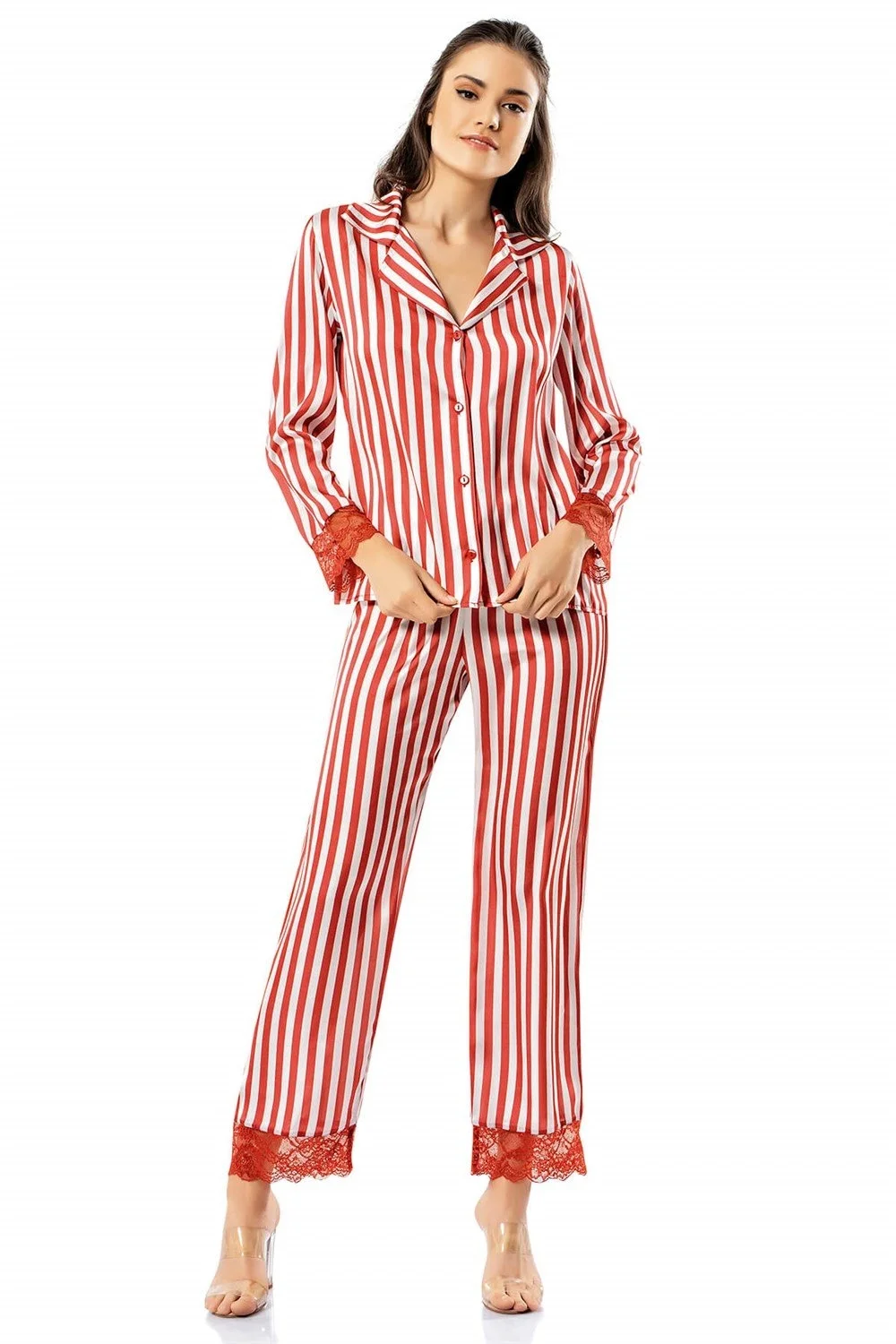 Loriva Çizgili Kiremit İkili Saten Gecelik Pijama Takımı