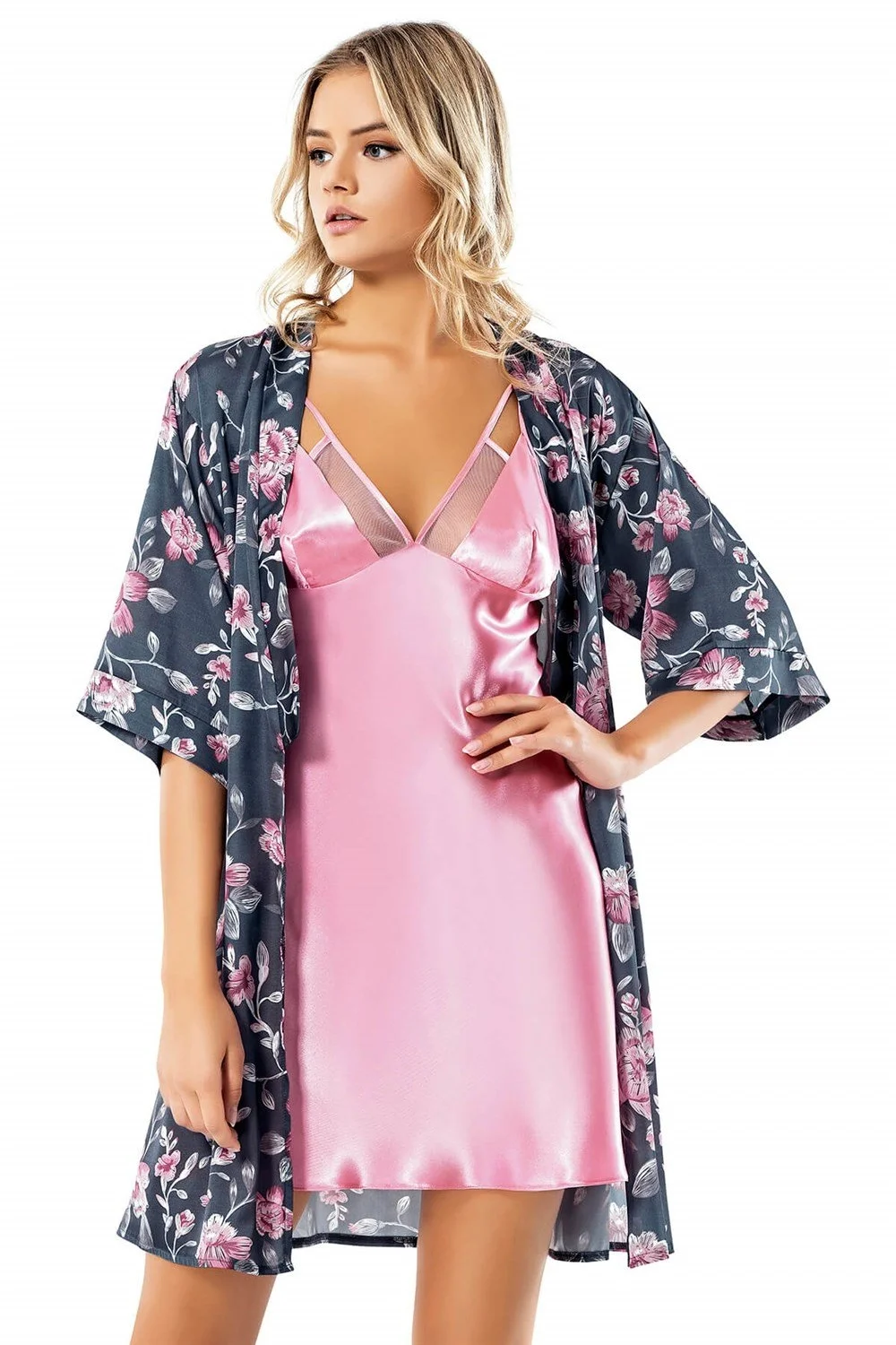 Ahu Loriva Desenli Pembe Saten Sabahlık Gecelik Takımı Gecelik Toptan