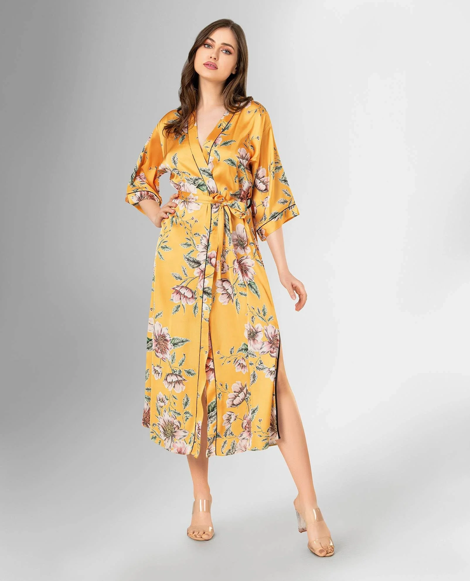 Ahu Loriva Uzun Sarı Çiçek Desenli Sabahlık 1875 Sabahlık Toptan