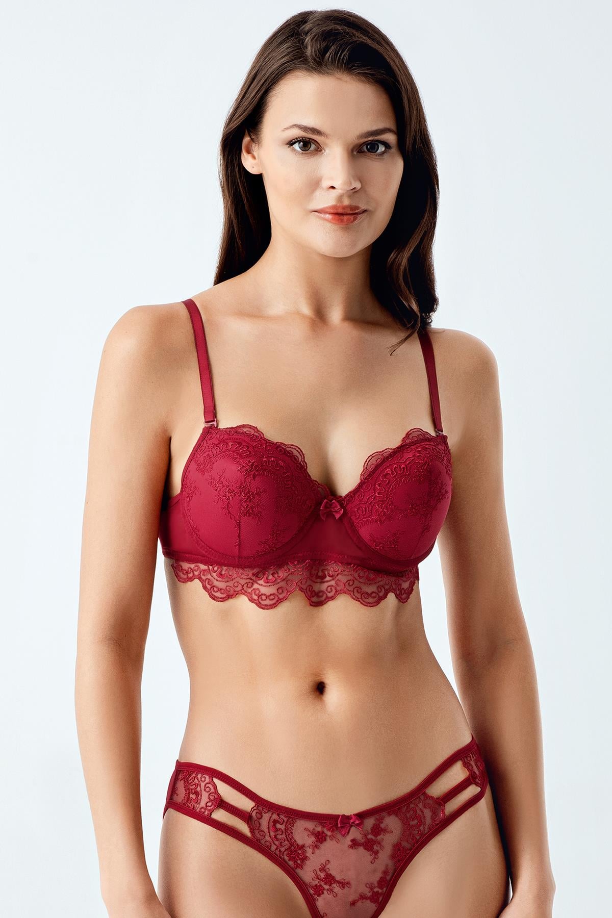 Luw 6119 Bordo Renk Dolgusuz Sütyen Külot 2li Takımı