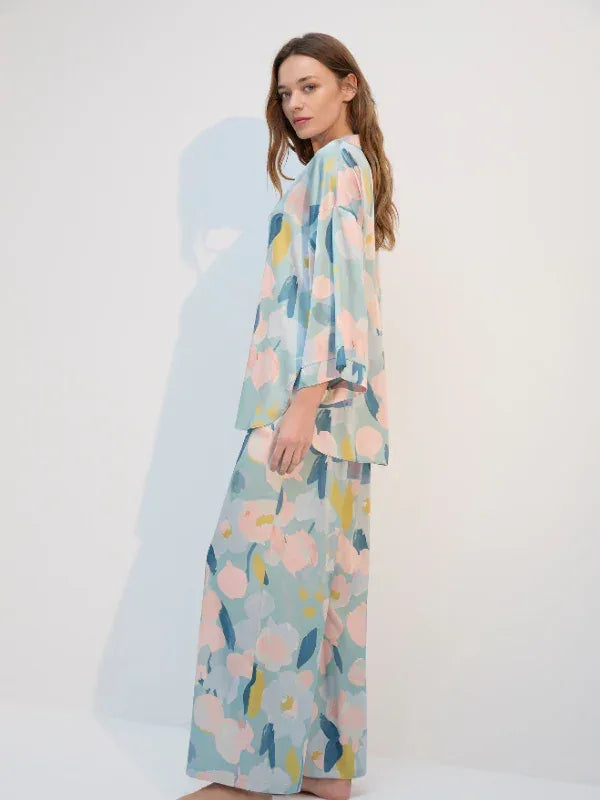 Mavi Çiçek Desenli Uzun Kollu Pijama Takımı 1721