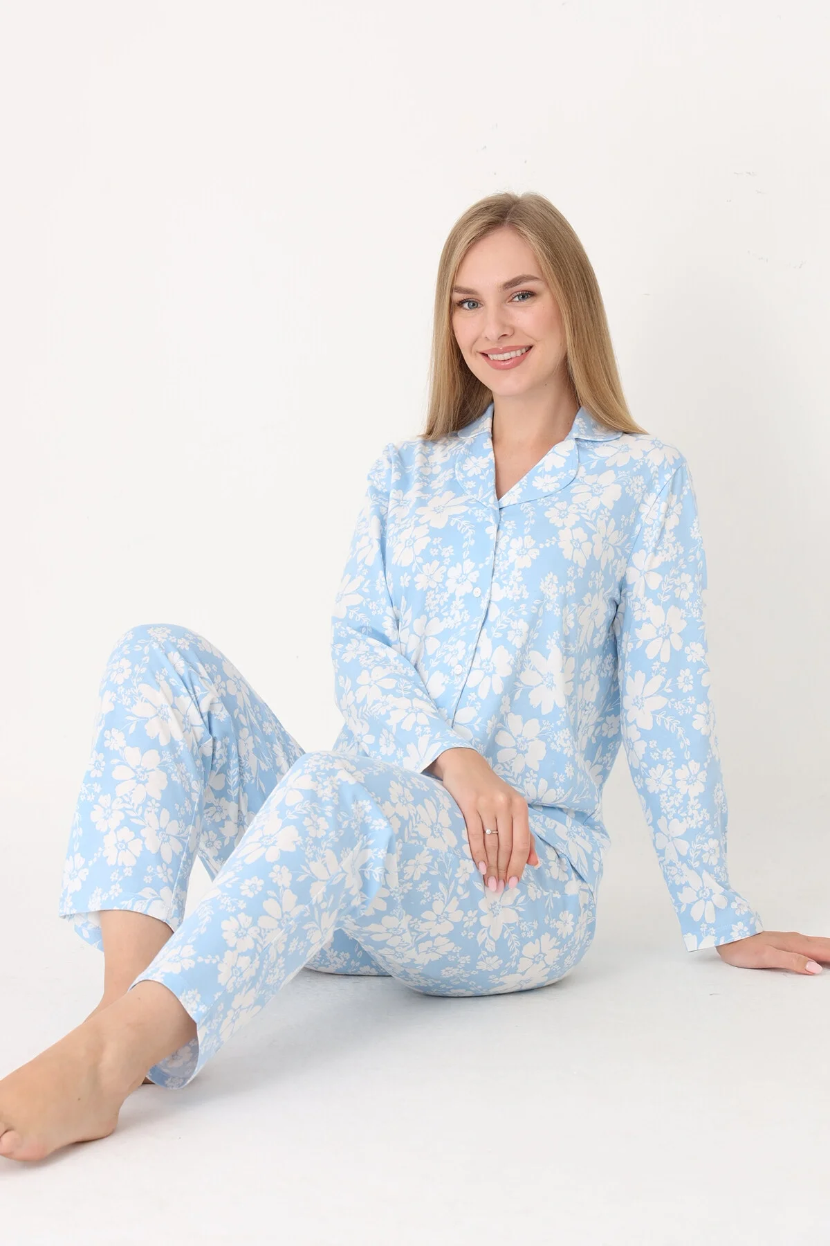 Nbb Mavi Flower Effect Önden Düğmeli Pijama Takımı Pijama Takımları Toptan
