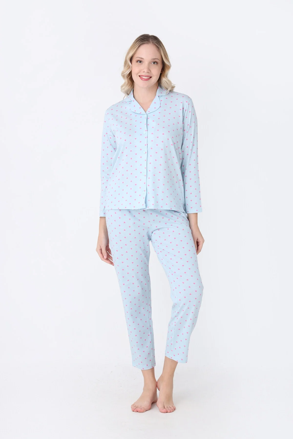 Mavi hearts desenli önden düğmeli pijama takım, Nbb marka kadın pijama, rahat uyku giysisi, ön görünüm