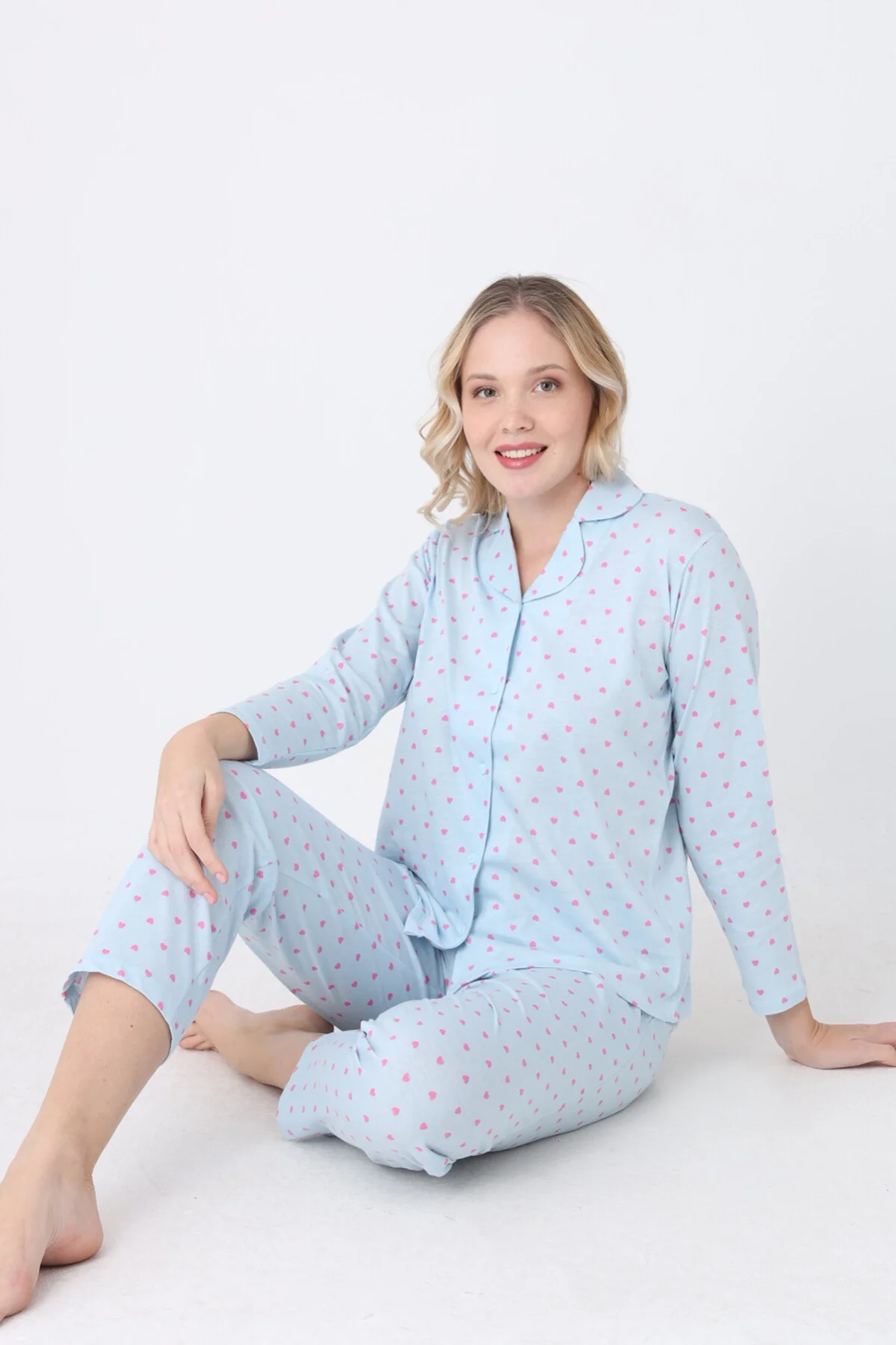 Nbb Mavi Hearts Önden Düğmeli Pijama Takım Pijama Takımları Toptan