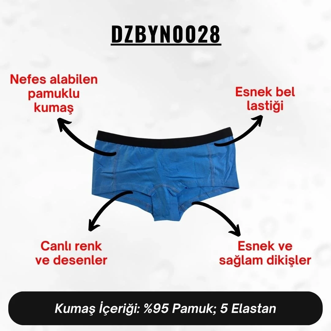 Mavi kadın boxer iç çamaşırı, Darkzone markası, DZBYN0028 modeli, siyah elastik bel, düz renk, ürün detay görünümü