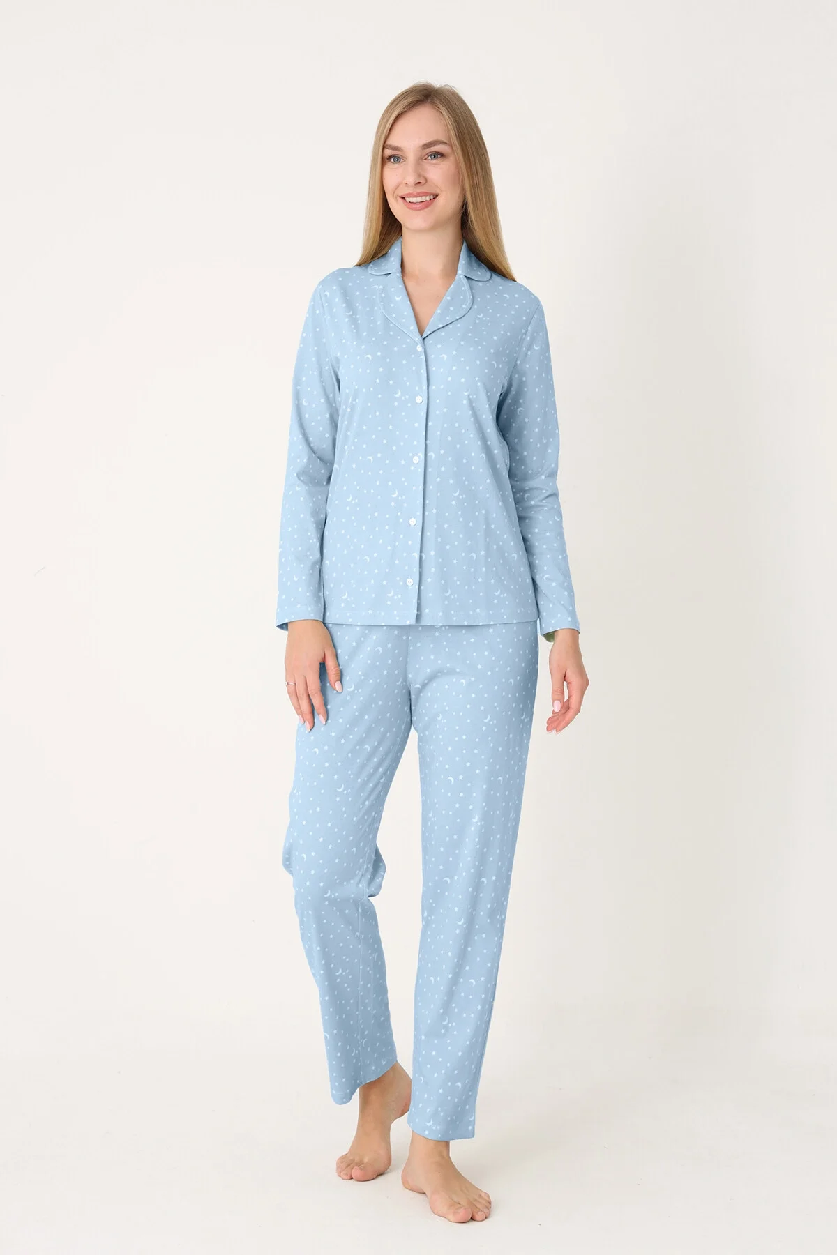 Nbb Mavi Moon And Stars Önden Düğmeli Pijama Takım Pijama Takımları Toptan