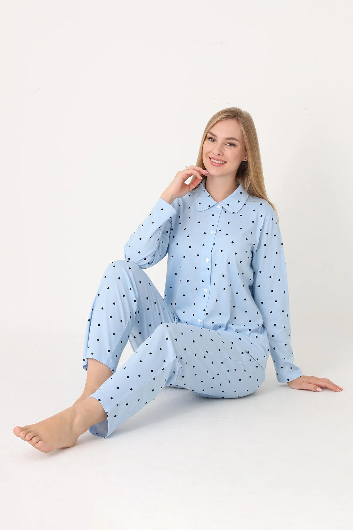Nbb Mavi Polka Dot Önden Düğmeli Pijama Takım Pijama Takımları Toptan